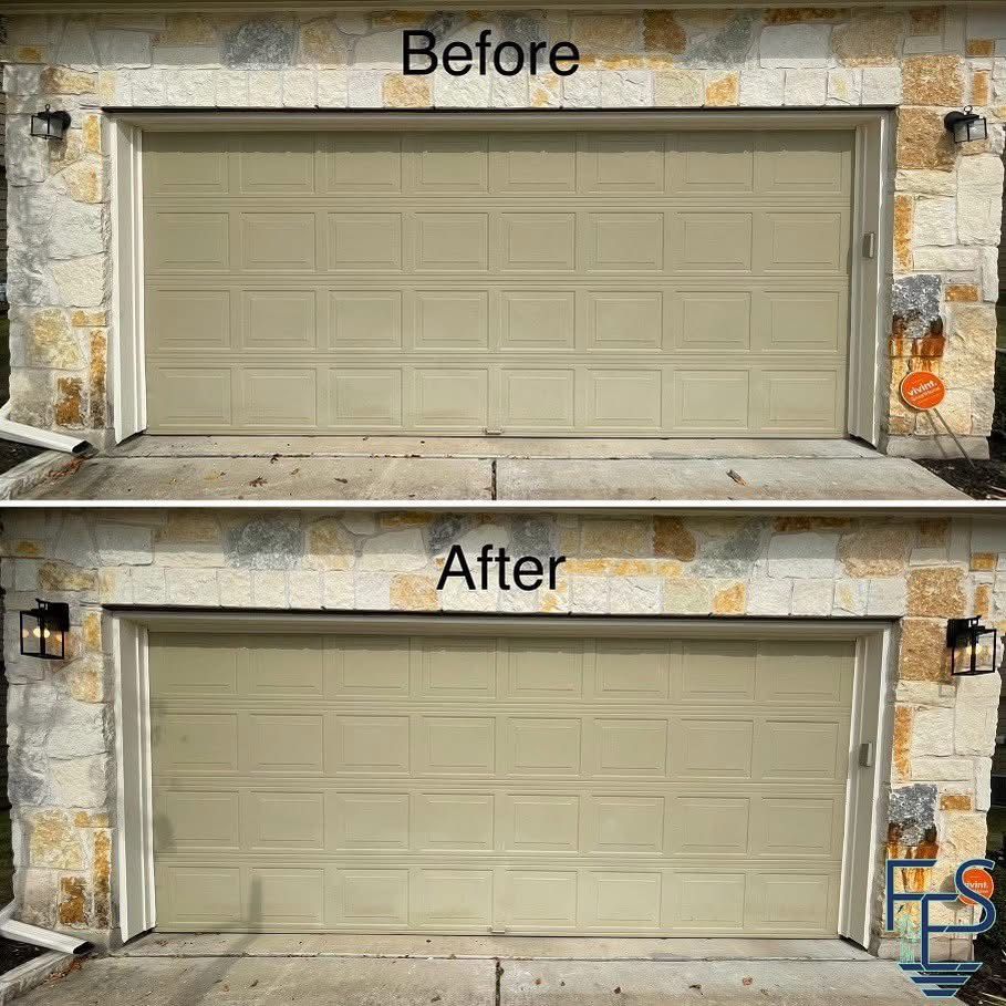 Comparison of garage door before and after cleaning; beige door, stone facade.