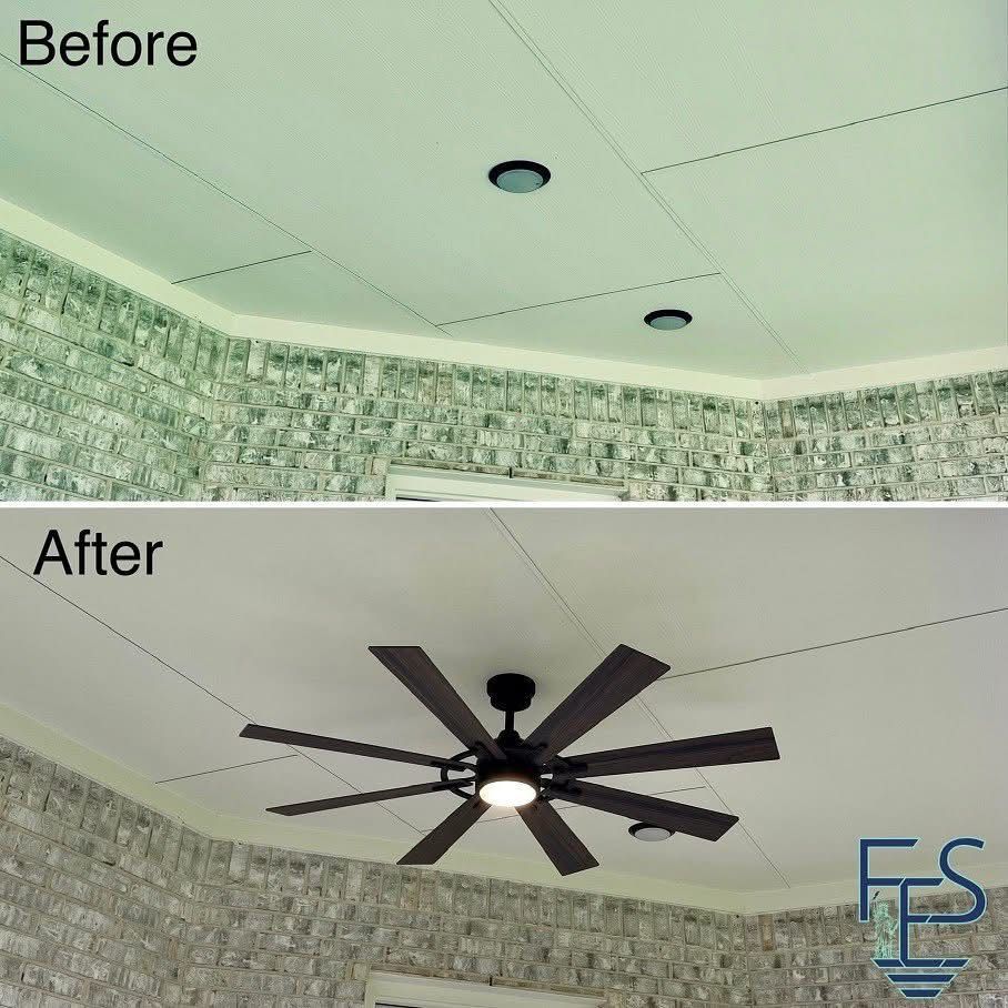 Ceiling before and after. Top shows recessed lighting; bottom shows ceiling fan. Stone wall.