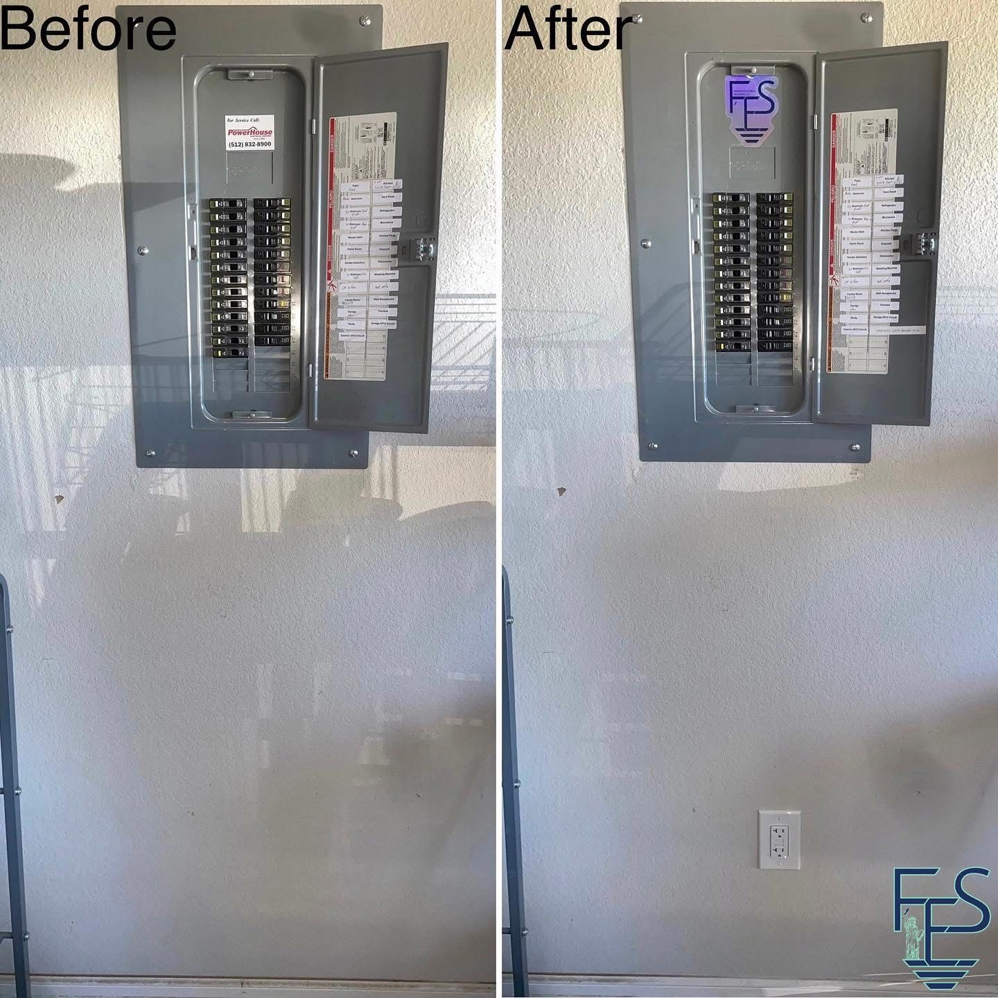 Comparison of electrical panel before and after, mounted on a textured gray wall, and after with new outlet.
