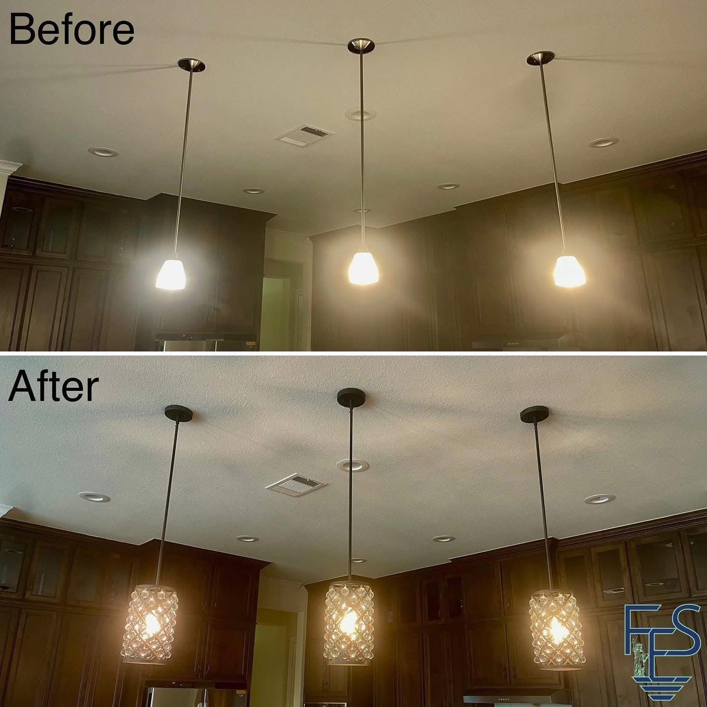 Two ceiling lights, before and after replacement with patterned shades. Kitchen setting, dark cabinets.