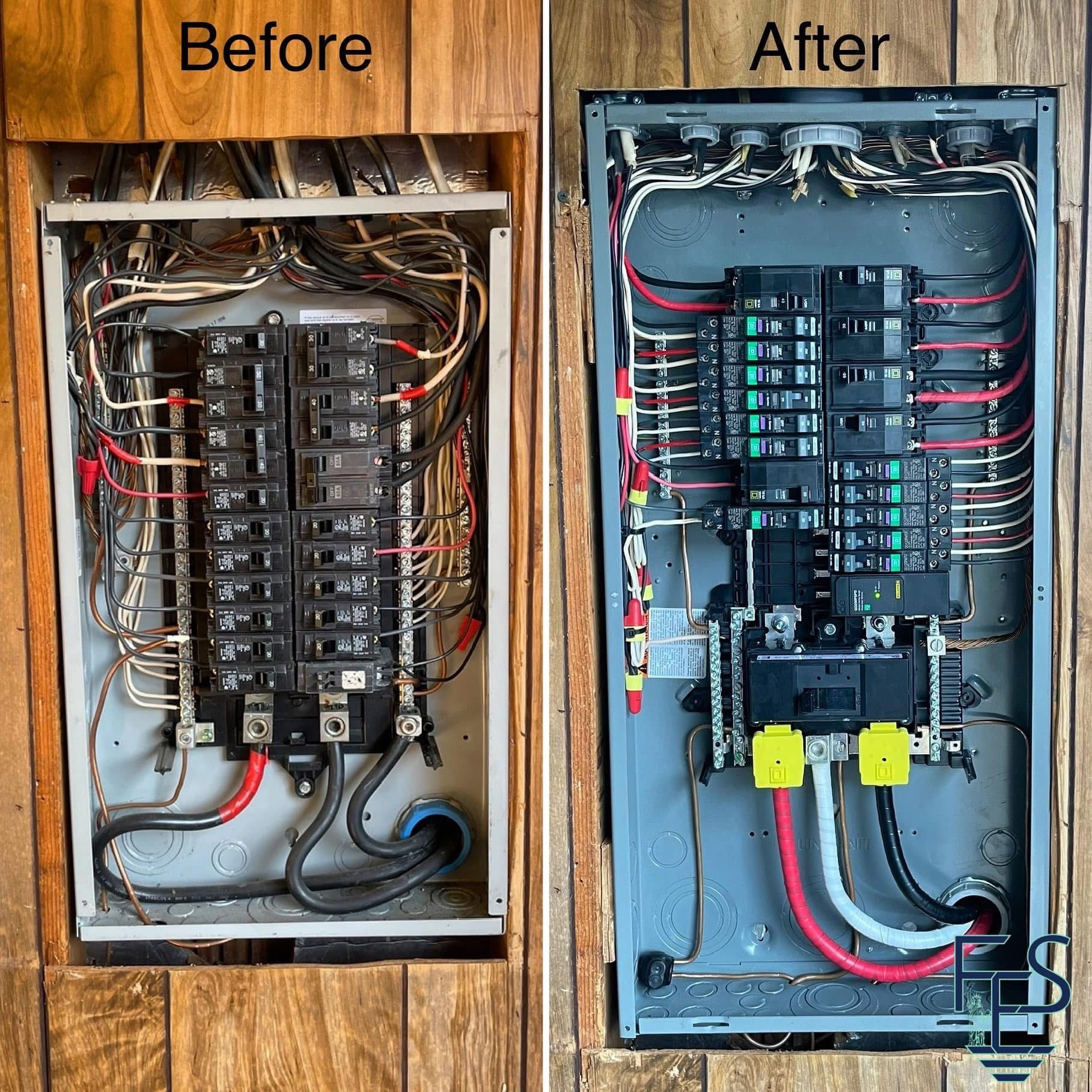 Before and after comparison of an electrical panel. The “after” is a neat, organized panel with color-coded wires.