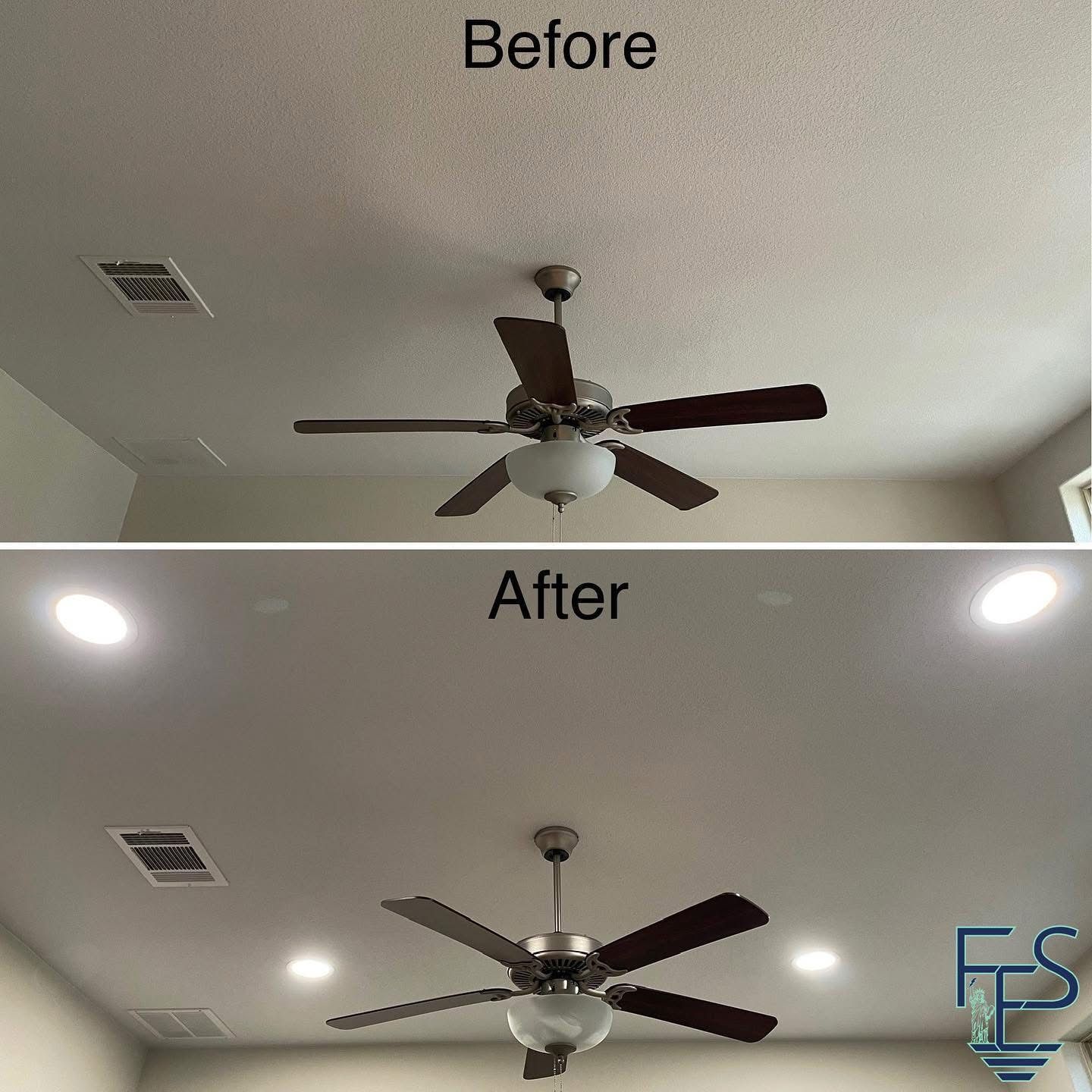 Ceiling comparison: before and after. Ceiling fan in both, new recessed lighting after.