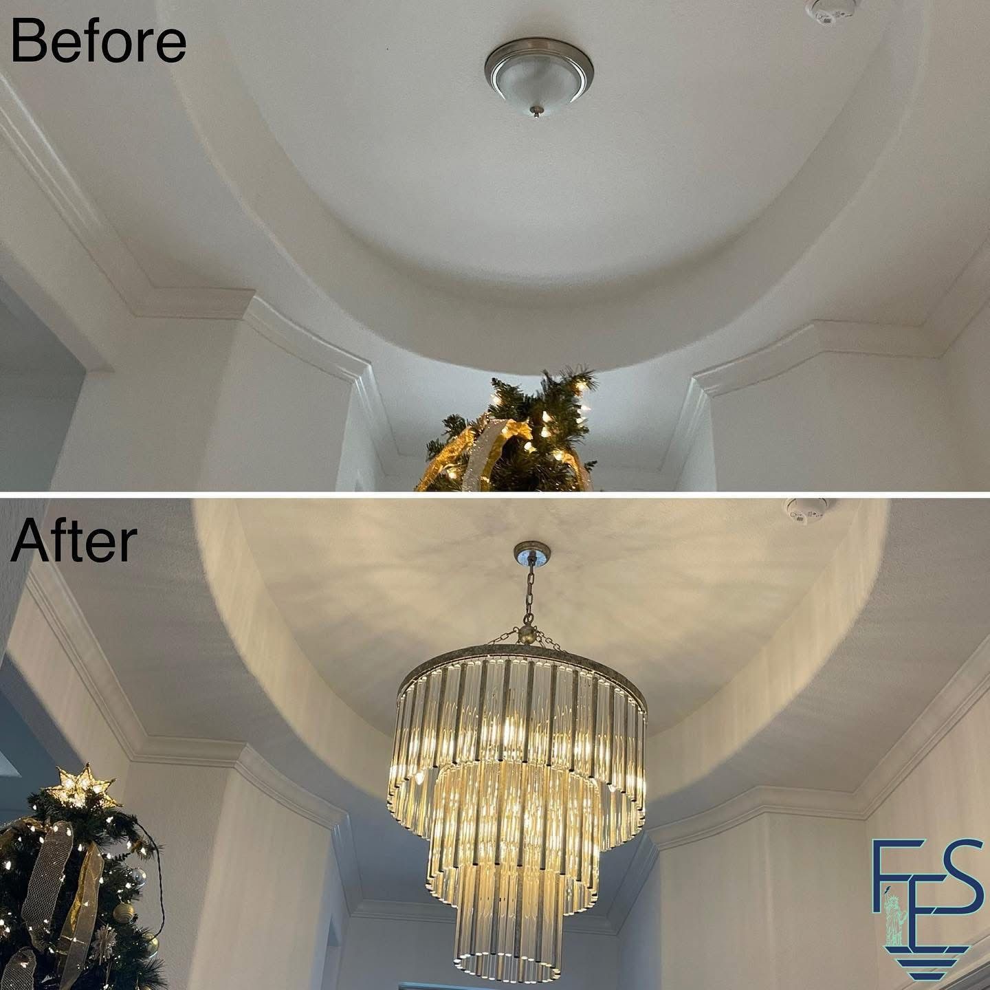 Before and after ceiling light change: a simple fixture is replaced with a large chandelier.