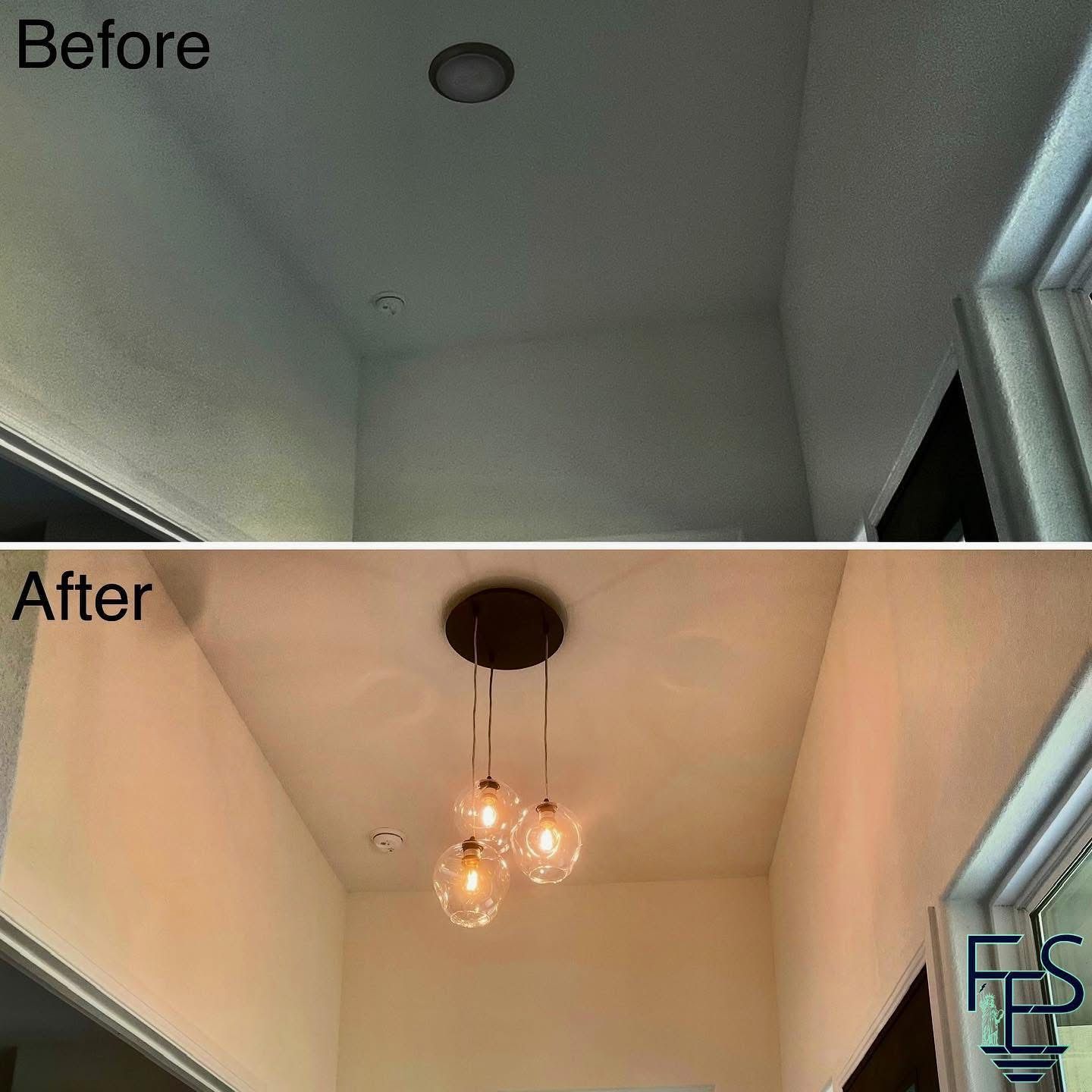 Ceiling lighting before and after renovation: recessed light replaced by pendant fixture with three globe lights.