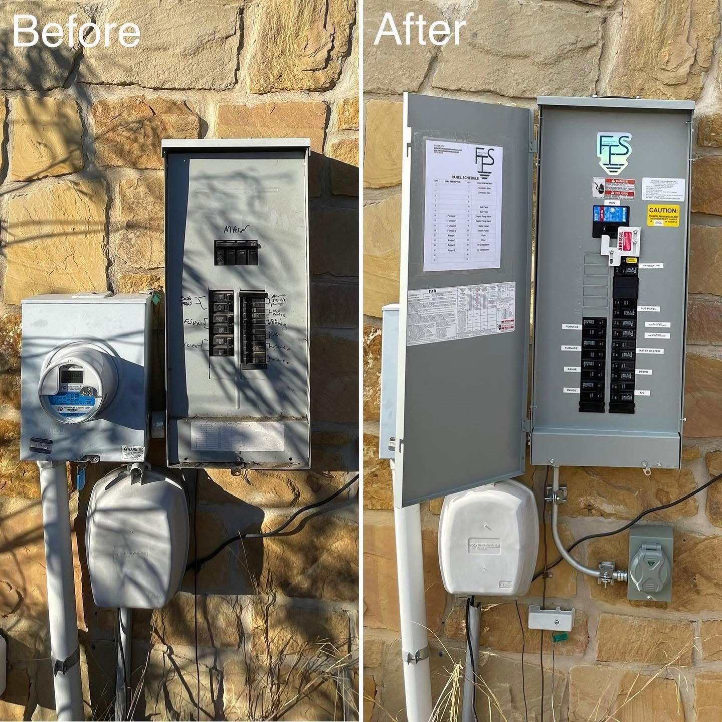 Comparison of electrical panels before and after renovation on a brick wall.