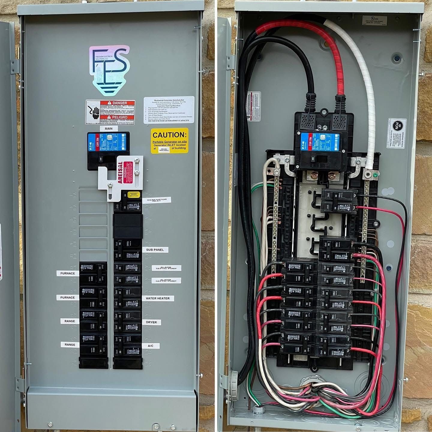 Electrical panel with exposed wiring, breakers, and labels, mounted on a brick wall.