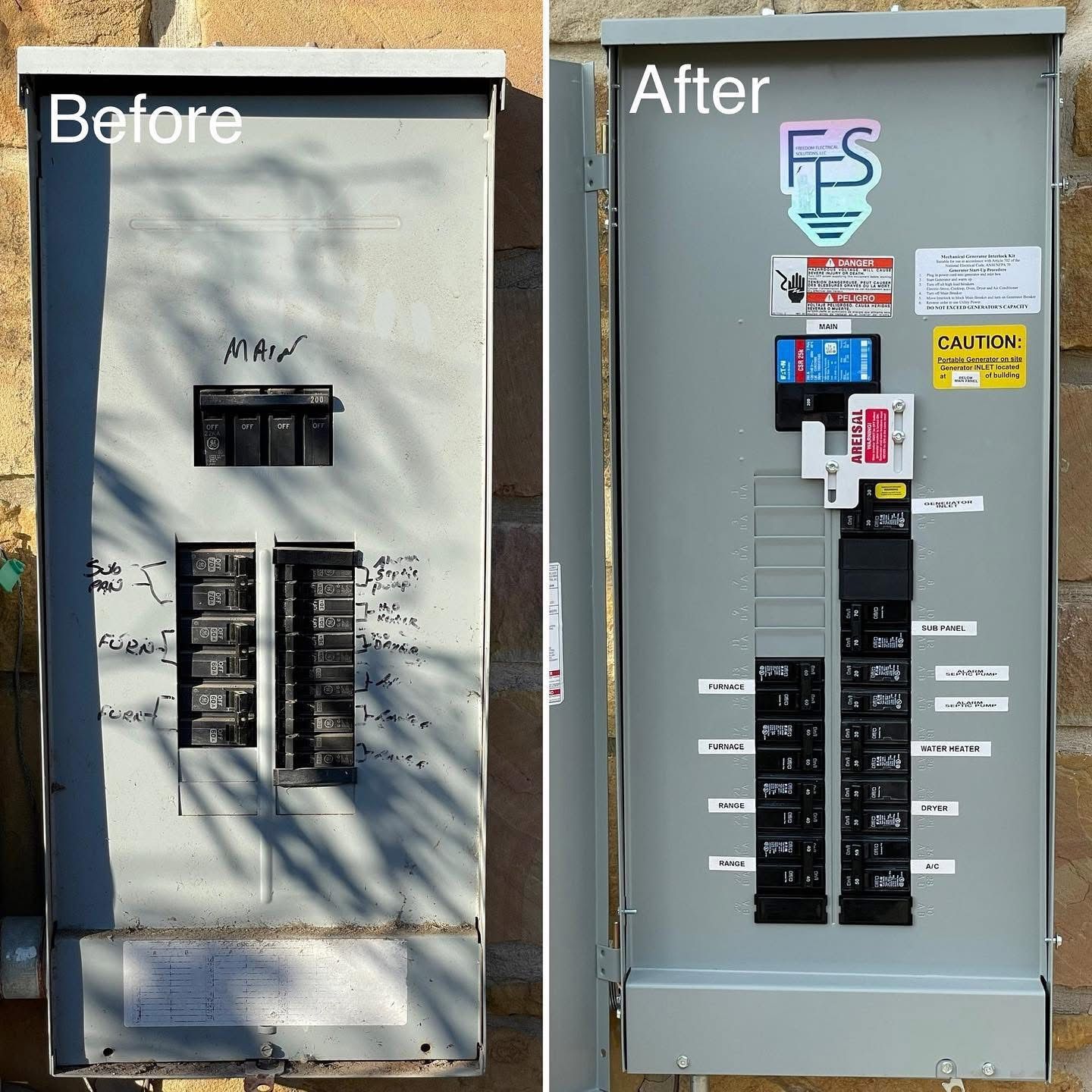 Two electrical panels: before (worn) and after (cleaned) with labeled breakers.