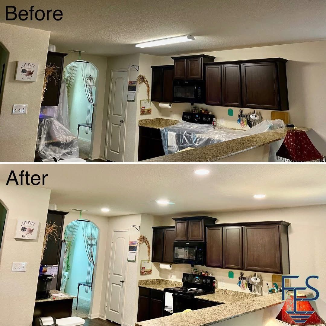 Kitchen before and after renovation. Dark cabinets, beige countertops, white walls, new recessed lighting.