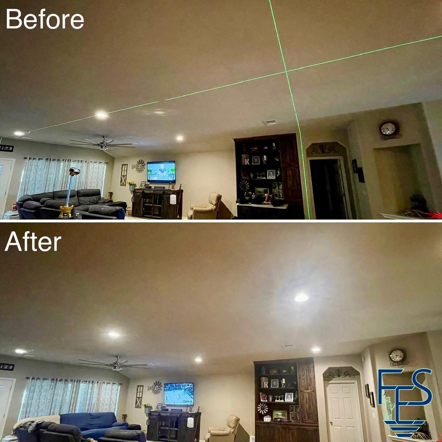 Ceiling repair before and after in a living room. Green laser lines, then a smooth surface.
