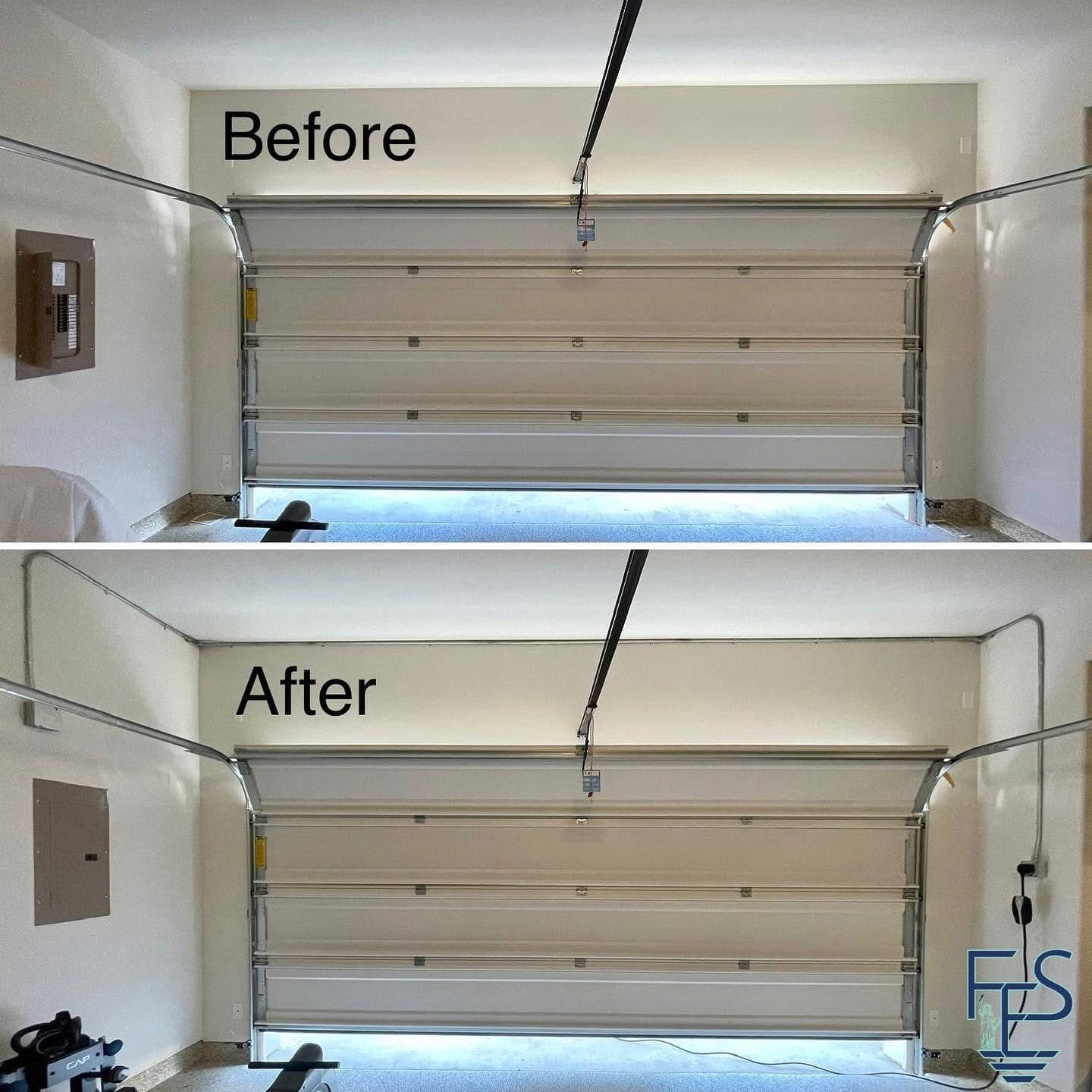 Garage door before and after repair; the door is now more level.