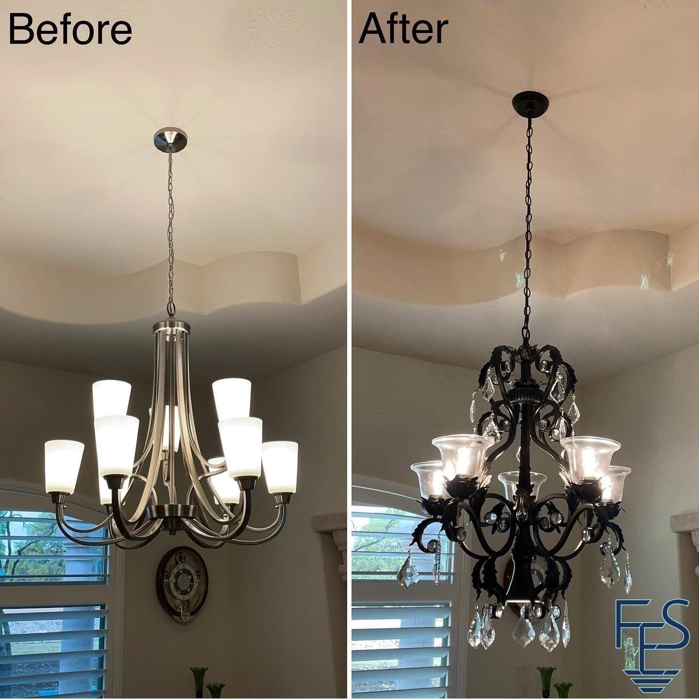 Before and after images of a chandelier. The left is silver, the right is black with crystal drops.