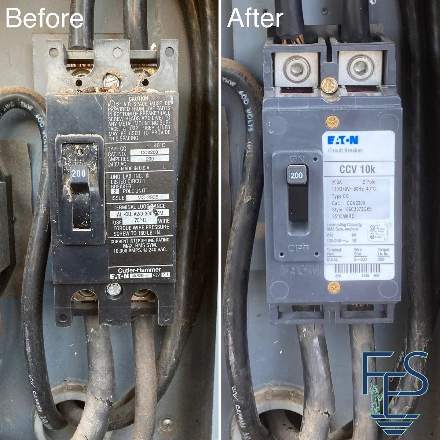 Comparison of an old and new electrical circuit breaker, labeled 
