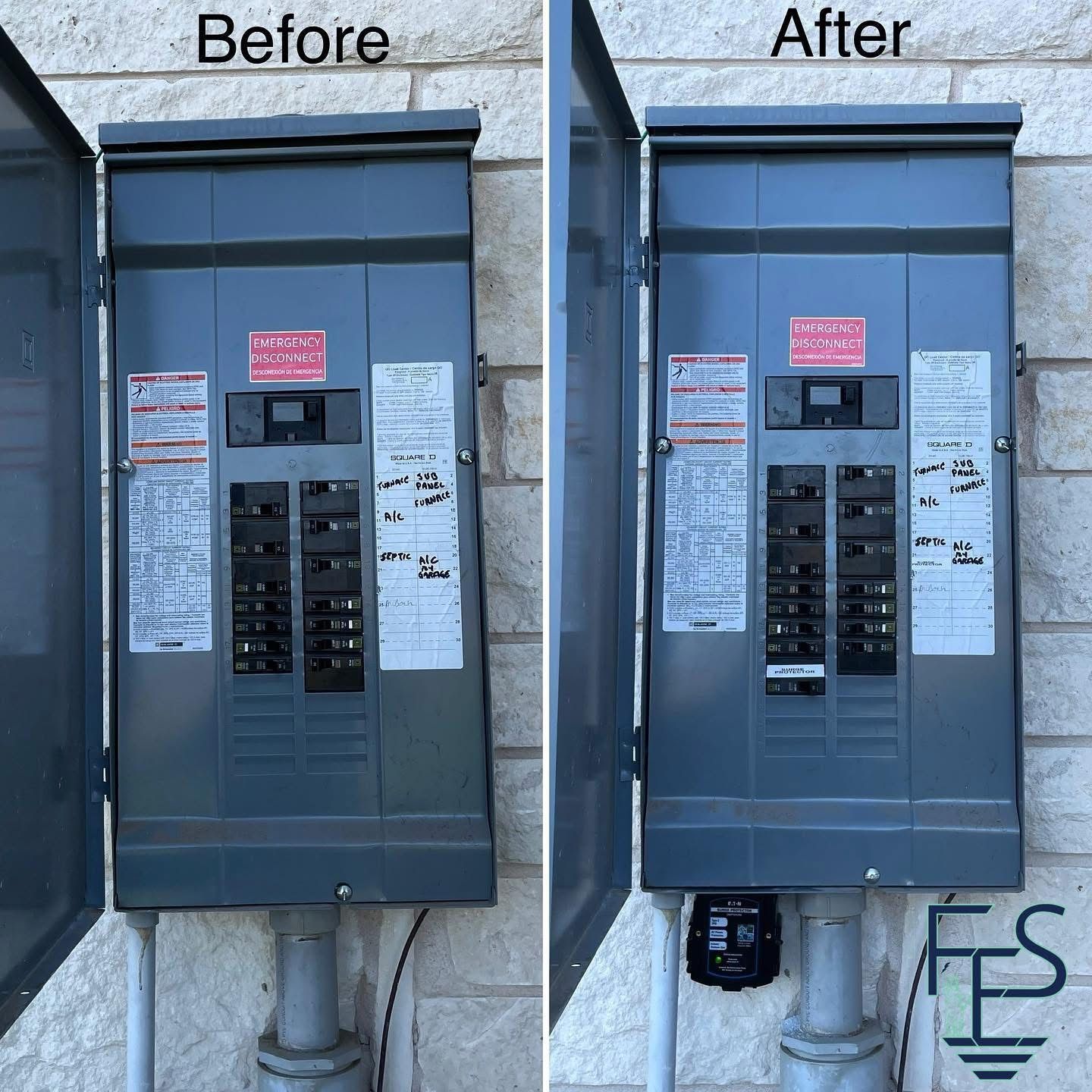 Before-and-after of a gray electrical panel with the door open, showing a new small black device installed at the bottom.
