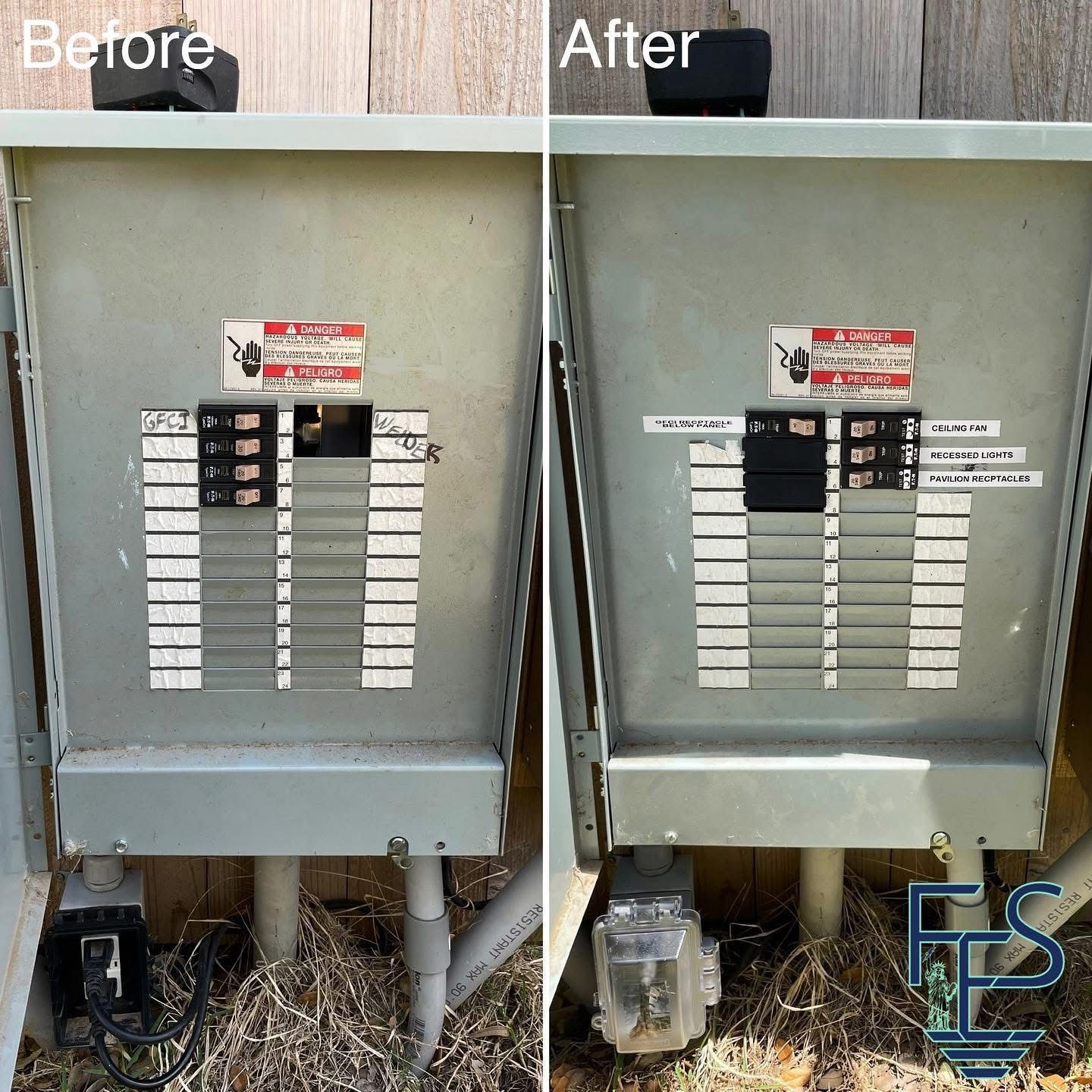 Comparison of electrical panel before and after repair. Gray metal box, showing changed circuit breakers.
