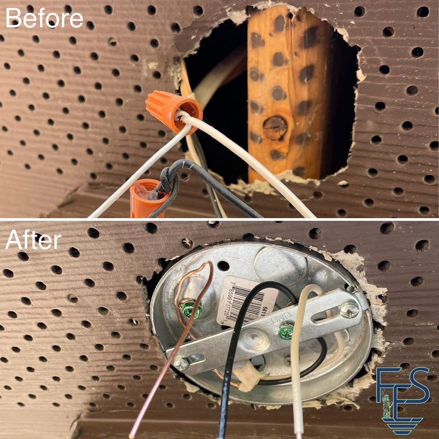 Before and after: Electrical wiring repair in ceiling. Orange wire nuts replaced with a recessed light fixture.