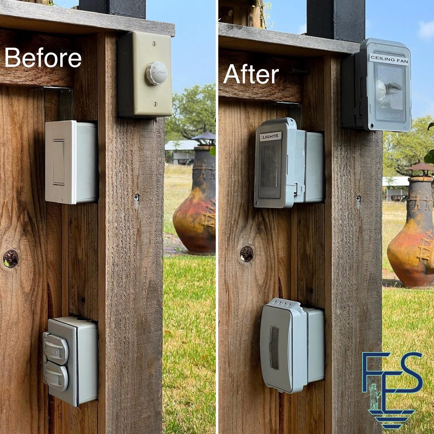 Before and after of electrical components on a wooden post; old components replaced with new, gray ones.