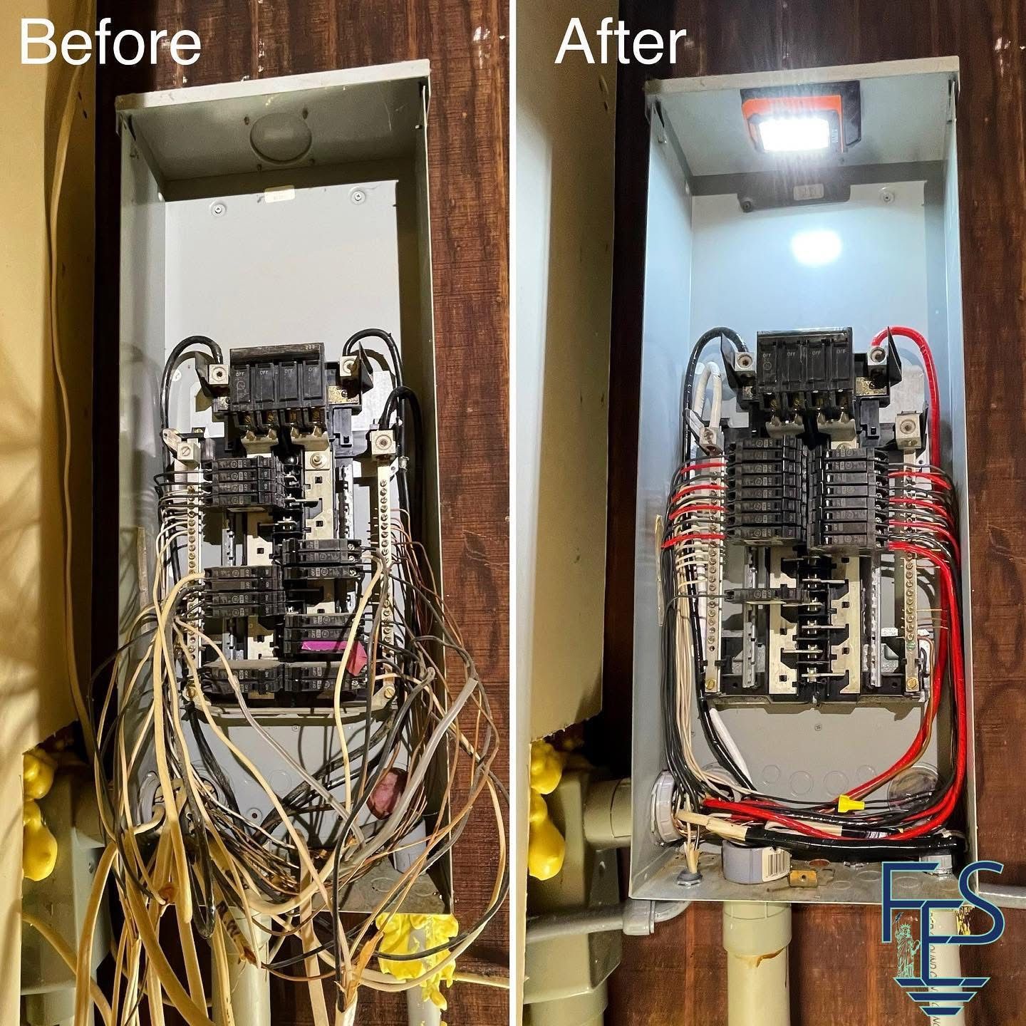 Electrical panel before and after rewiring: cluttered wires become organized with new light.