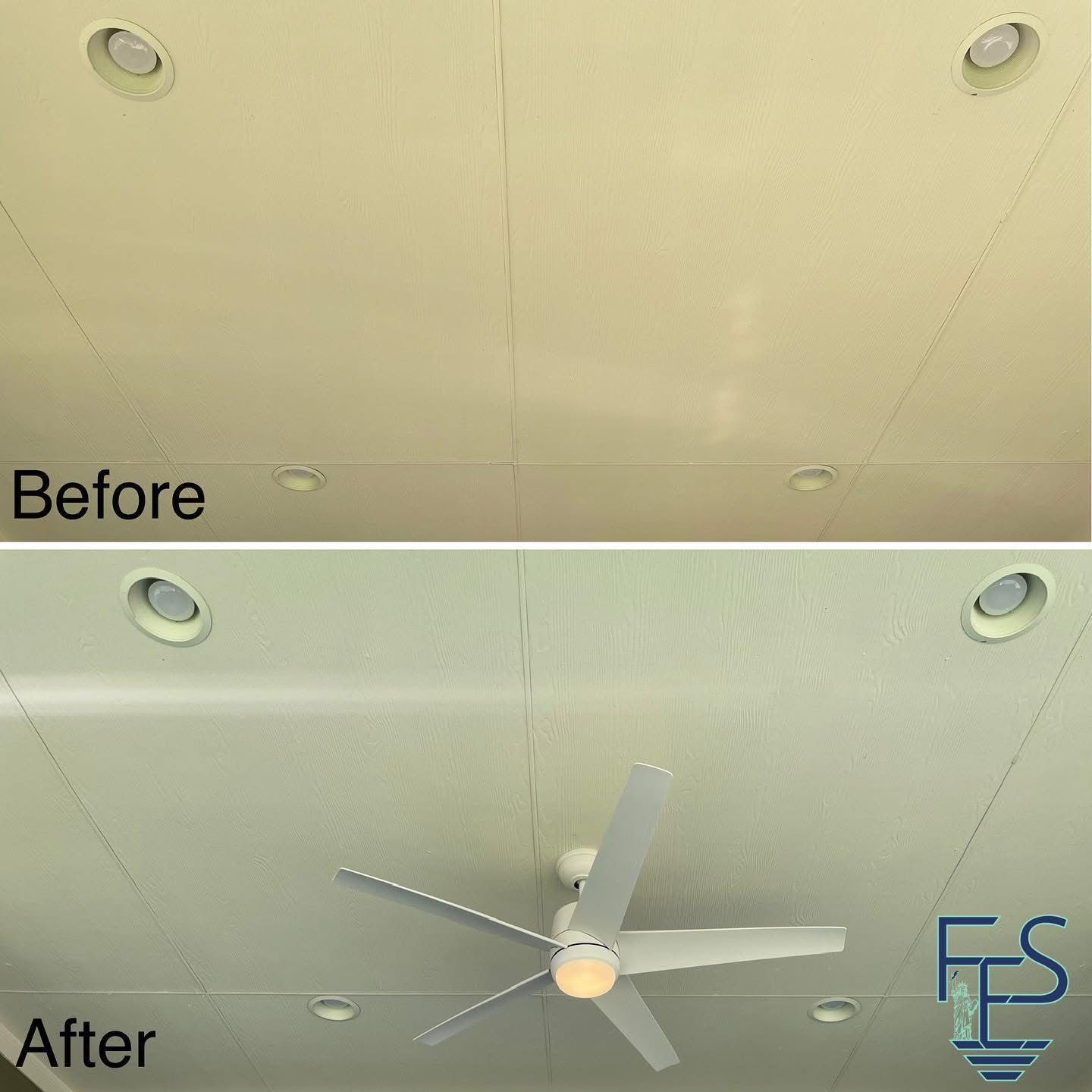 Comparison of a ceiling before and after the installation of a ceiling fan with light.