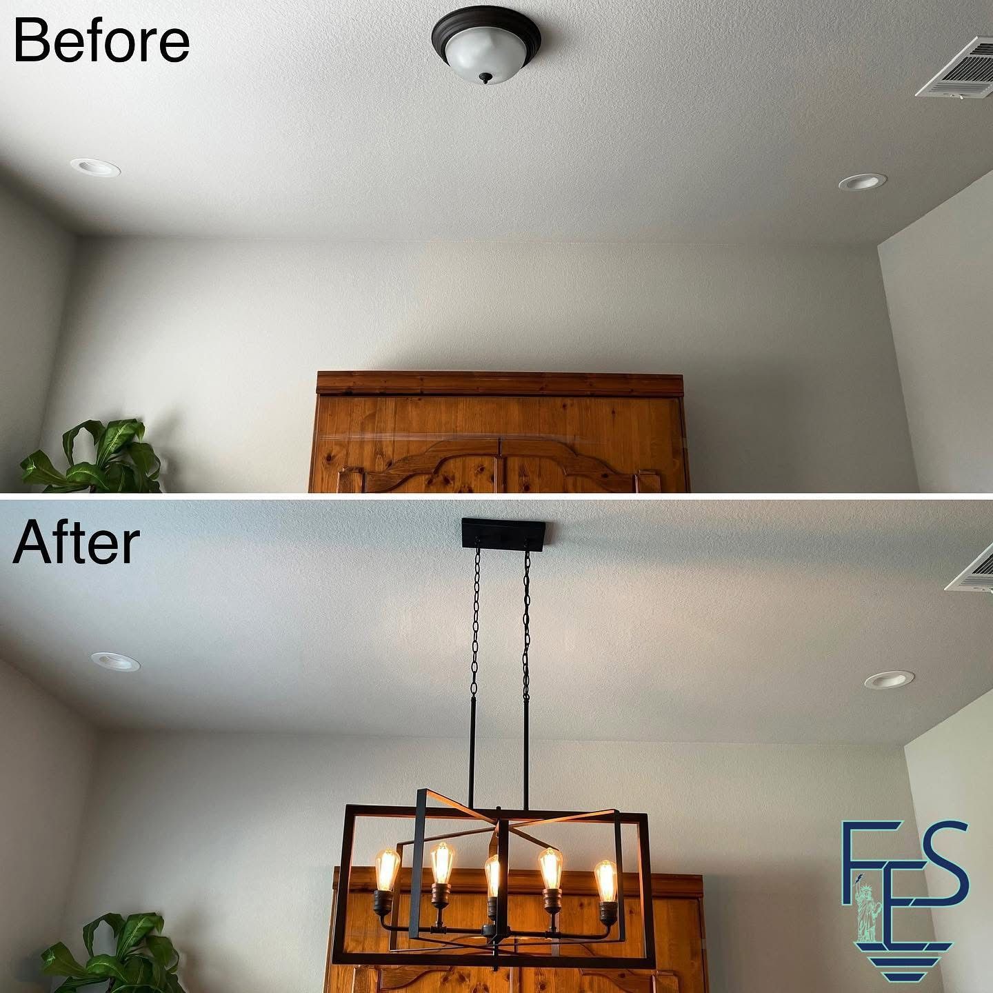 Ceiling light fixture before and after. Top: simple round light. Bottom: rectangular chandelier.
