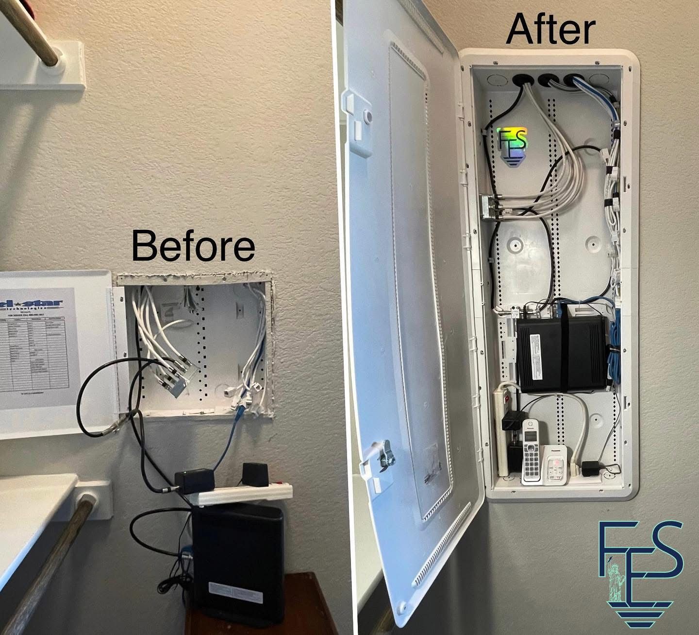 Side-by-side comparison of a before and after network wiring installation inside a wall-mounted enclosure.