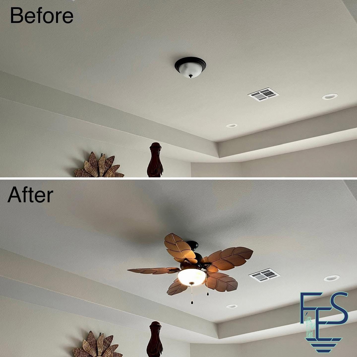 Ceiling fan replacement: before showing a ceiling light, after with a brown ceiling fan installed.