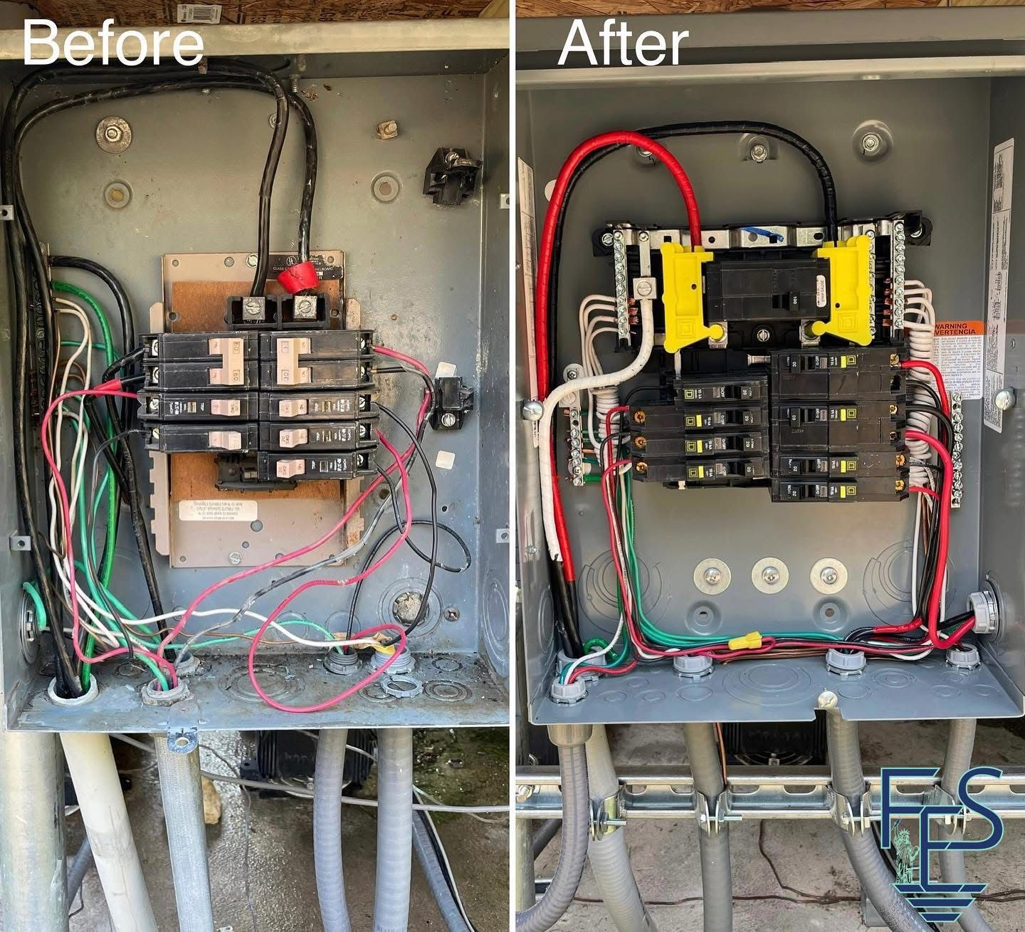 Electrical panel wiring: Before and after. Old panel with tangled wires compared to newly organized panel.