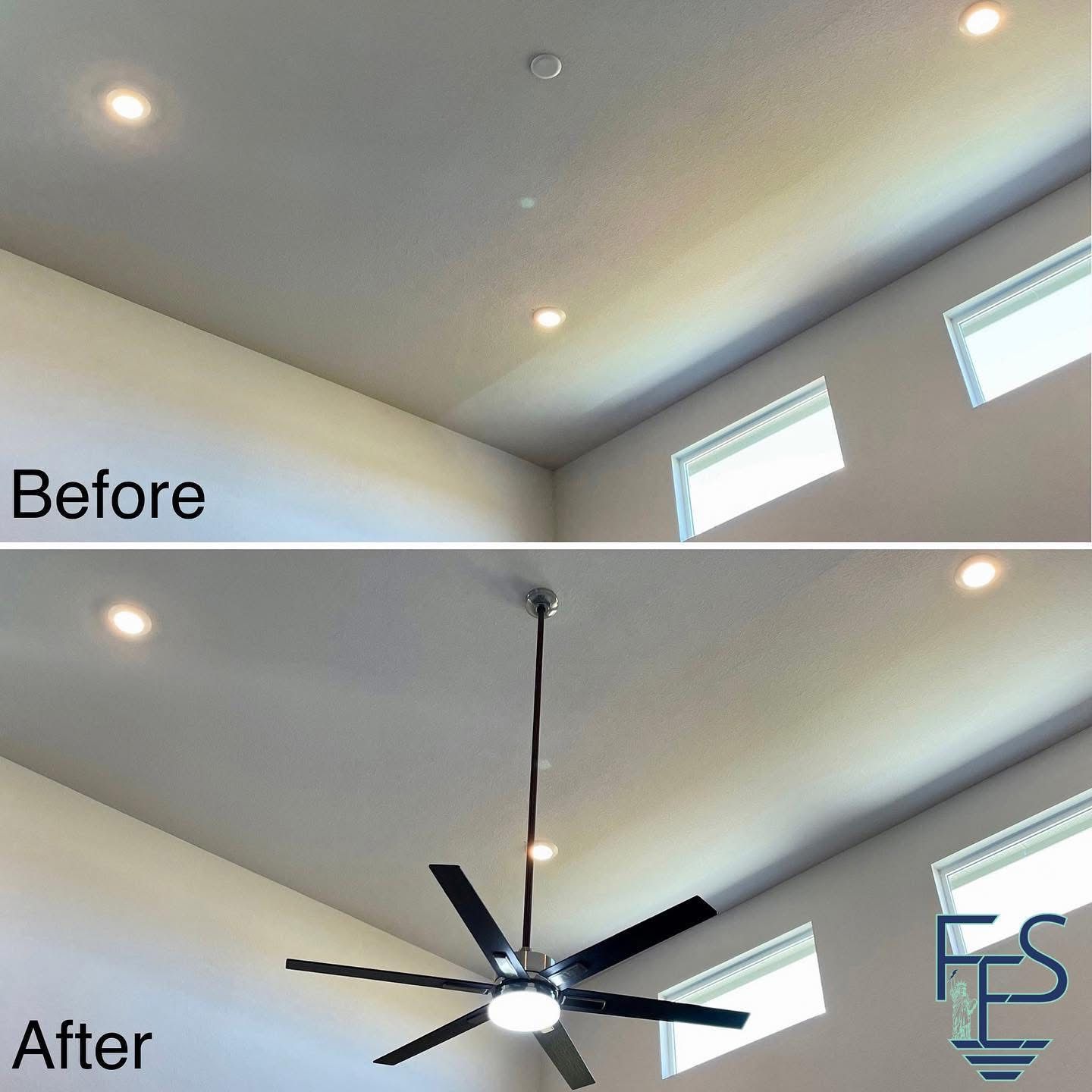 Ceiling before and after fan installation: white ceiling with recessed lights, then with a black ceiling fan.