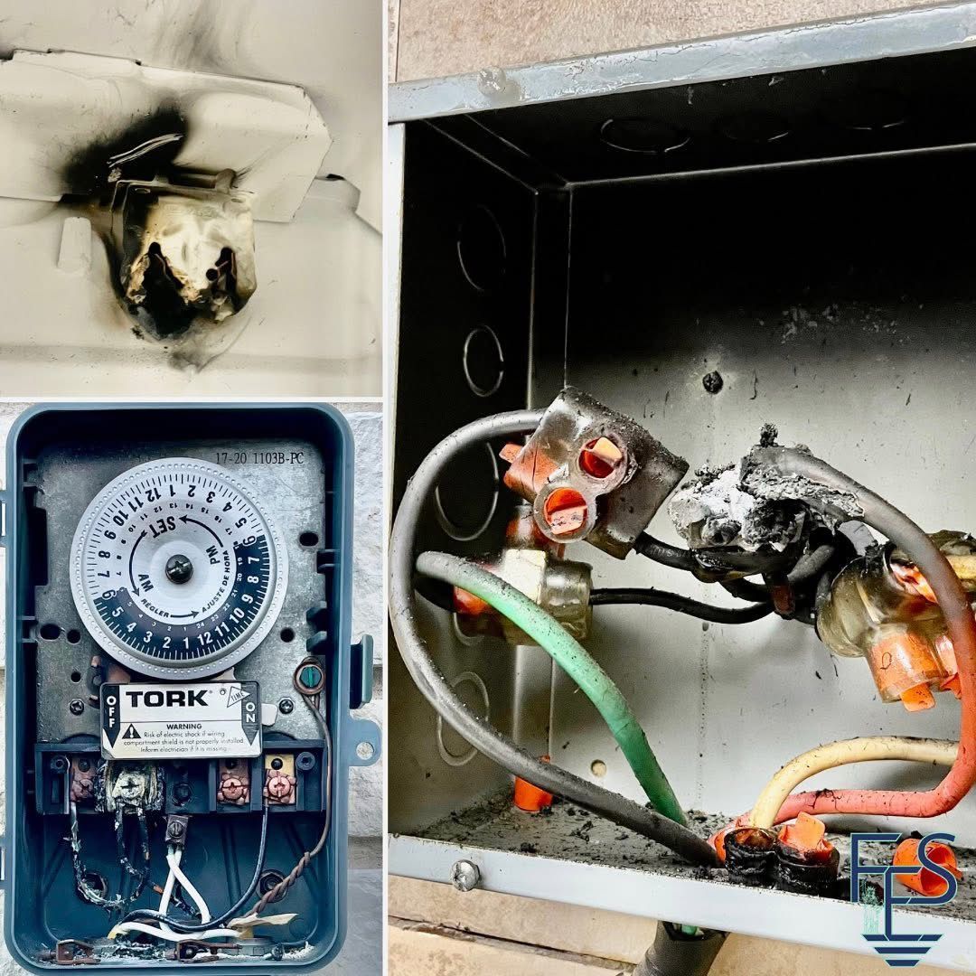 Damaged electrical components. Burnt wires and a timer box show signs of fire.