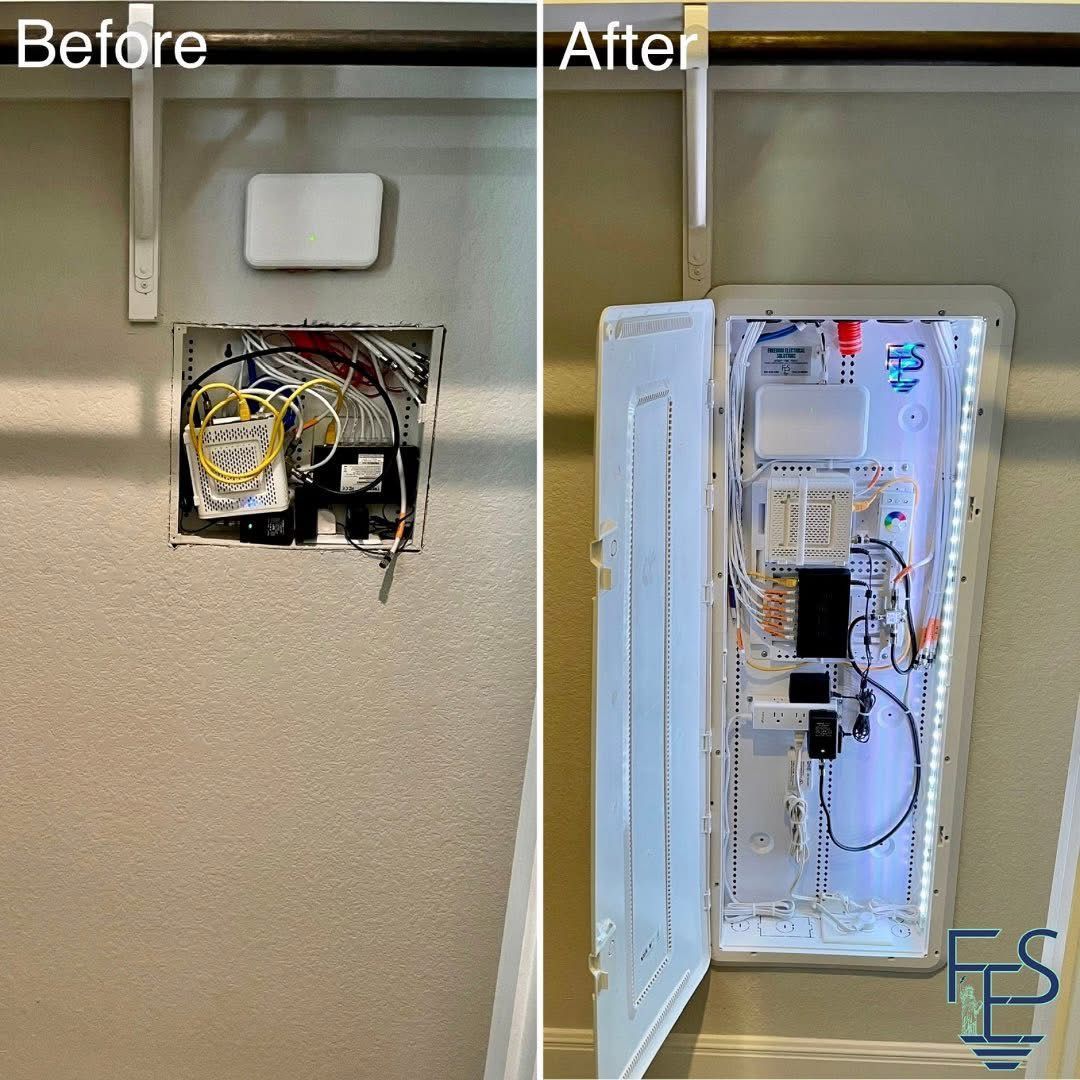 Before and after of electrical panel repair. The open panel reveals wires and components.