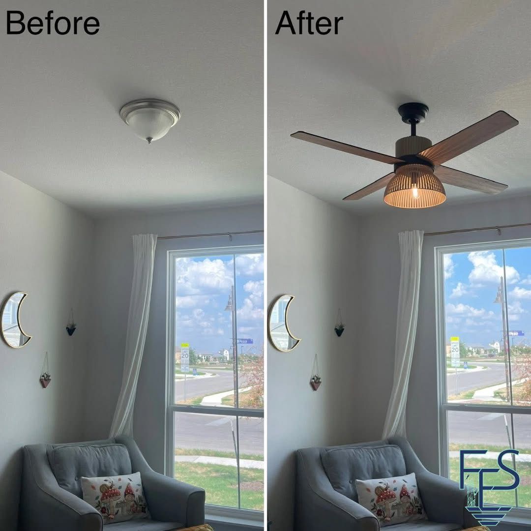 Before and after of a room; a ceiling light is replaced by a ceiling fan.