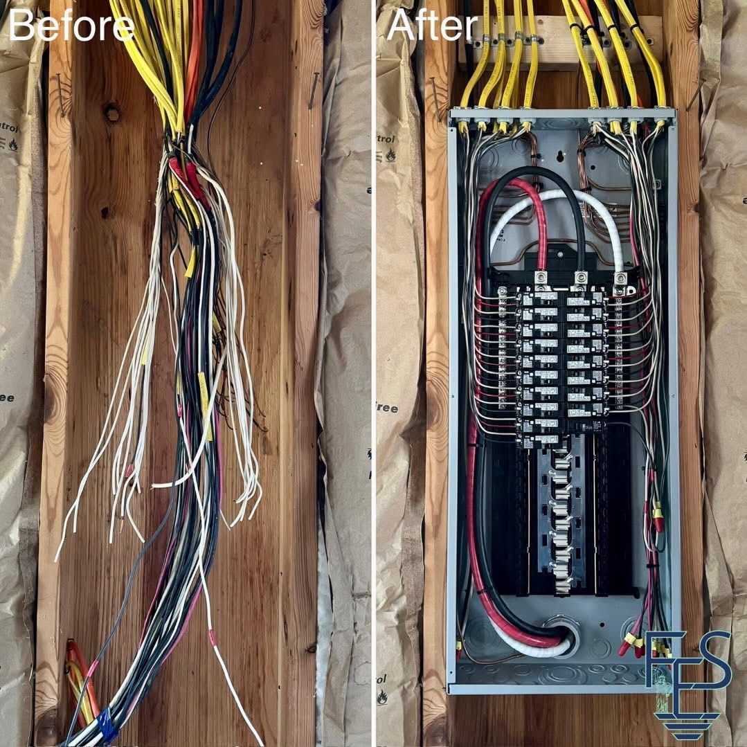 Before and after of electrical panel wiring. Left shows tangled wires; right shows organized wiring in panel.