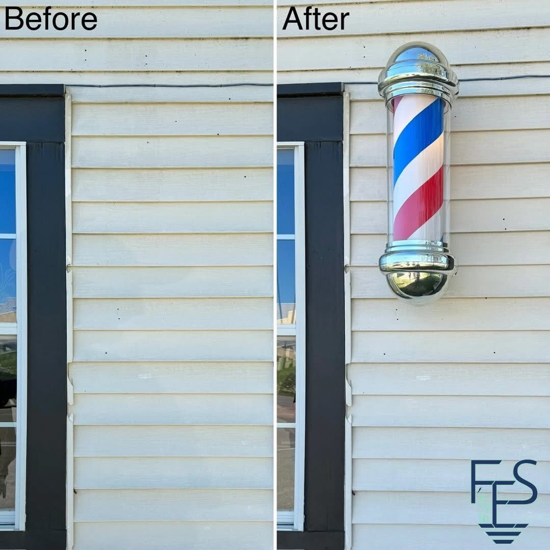 Before and after of building siding with a barber pole added.