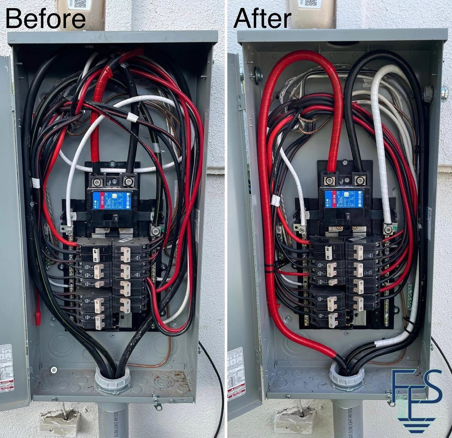 Electrical panel before and after rewiring, showing a neatened layout of black, red, and white wires.