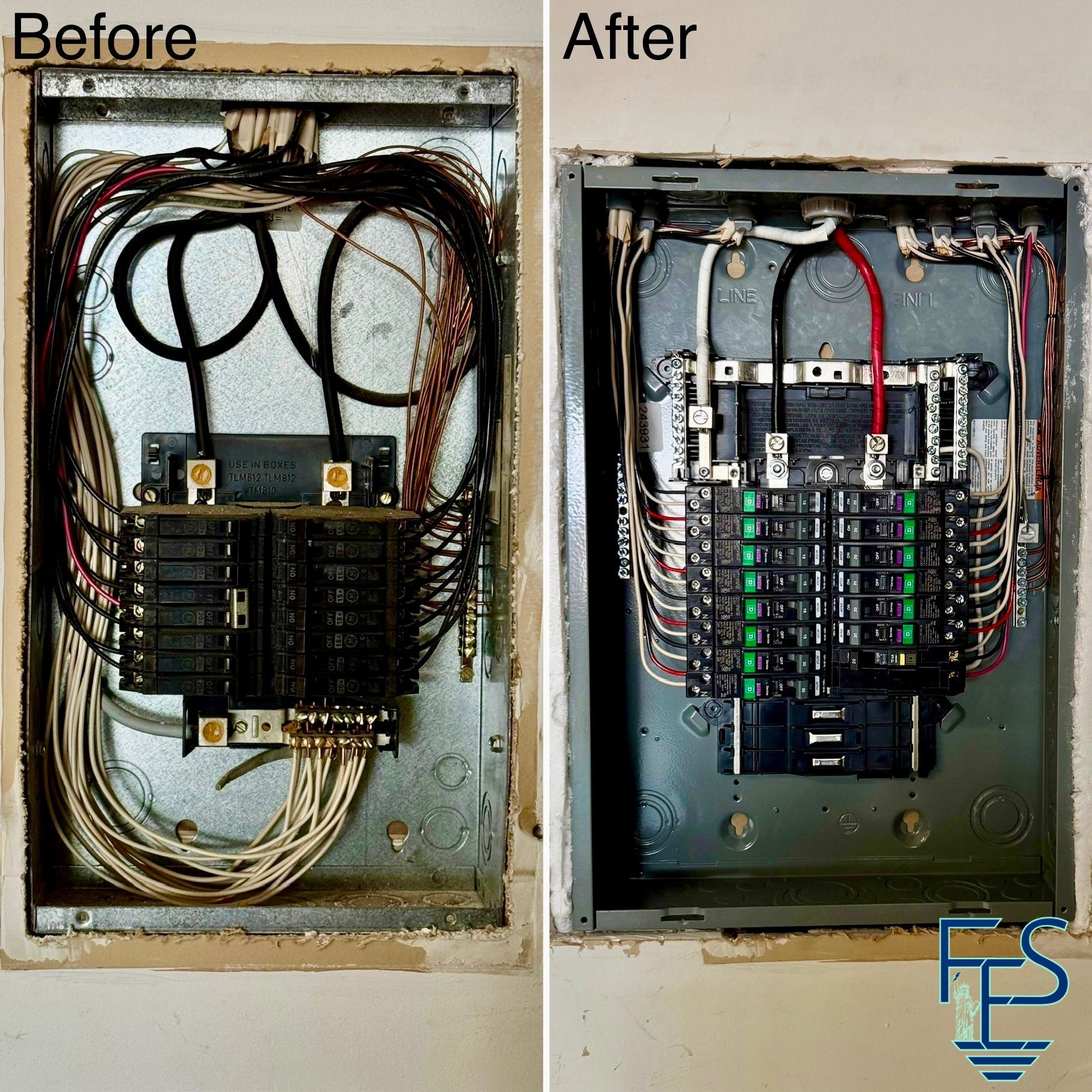 Electrical panel before and after rewiring, showing improved organization and neatness of wires.
