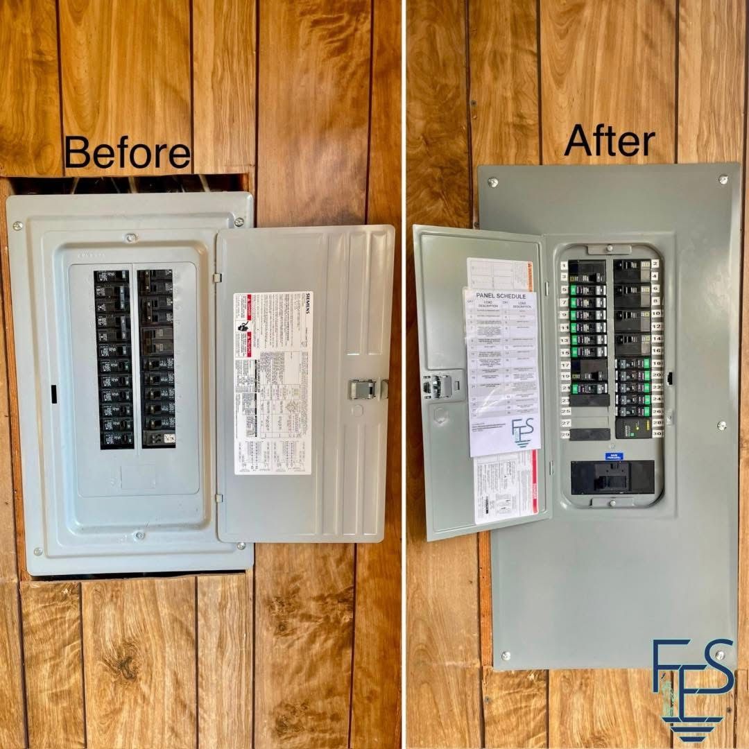 Electrical panel replacement before and after. Two panels mounted on wood siding; before: recessed. After: surface mount.