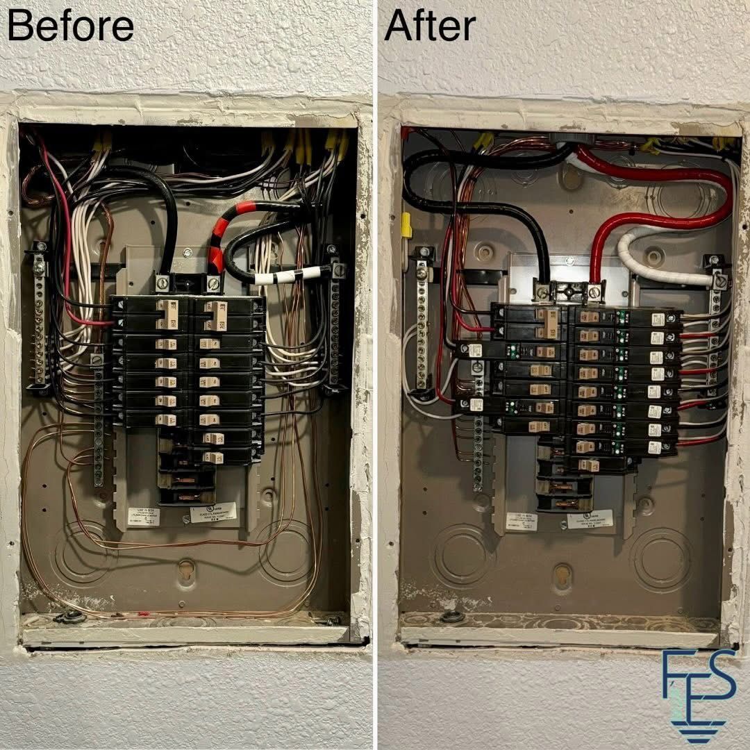 Electrical panel before and after rewiring, with cleaner organization.