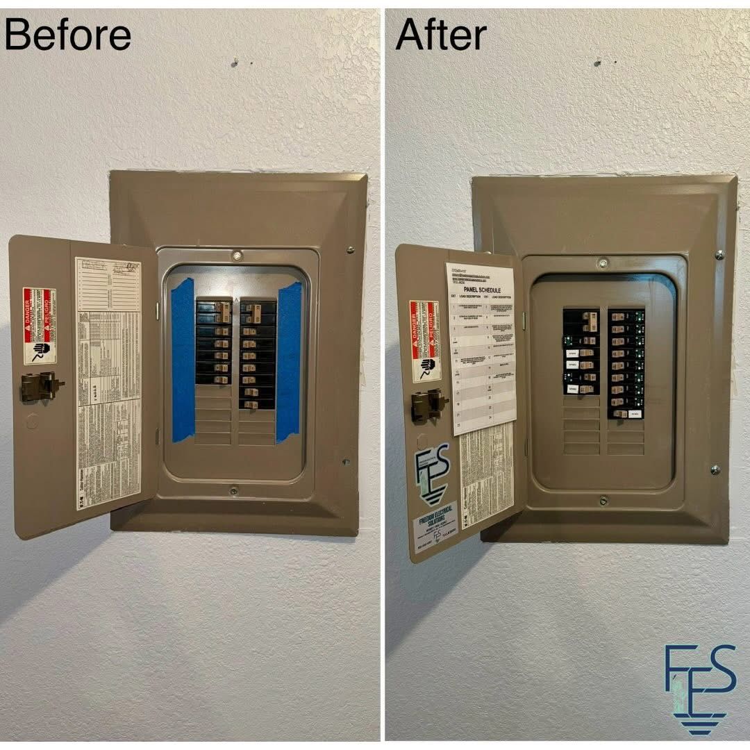 Before and after photos of a beige electrical panel on a white wall; door open showing breakers.