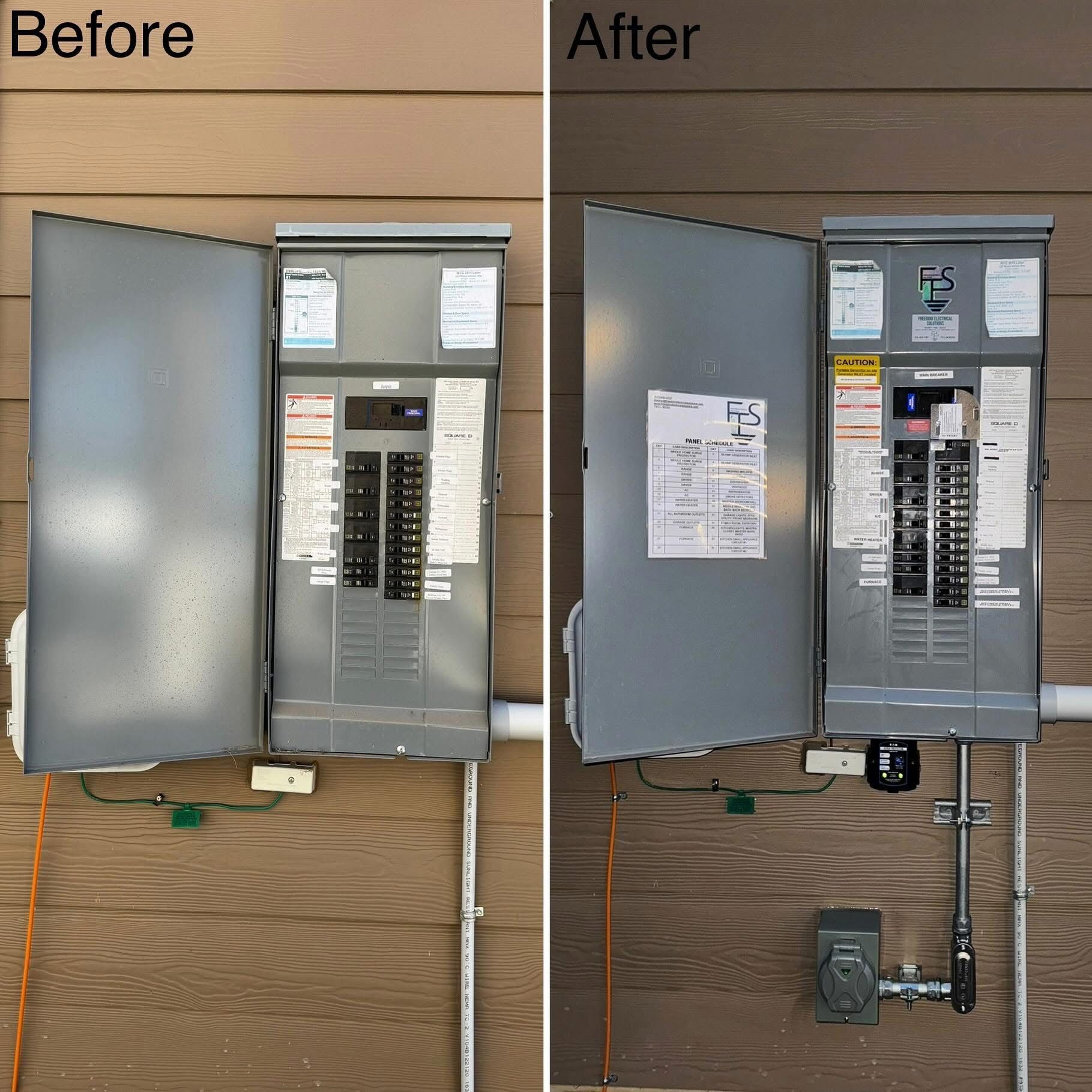 Before and after photos of an electrical panel on a wood-paneled wall, showing changes to wiring and components.