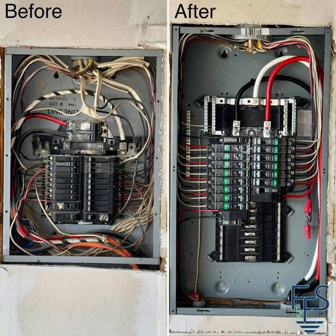 Electrical panel before and after rewiring: messy wires in “before” compared to neat wiring in “after”.