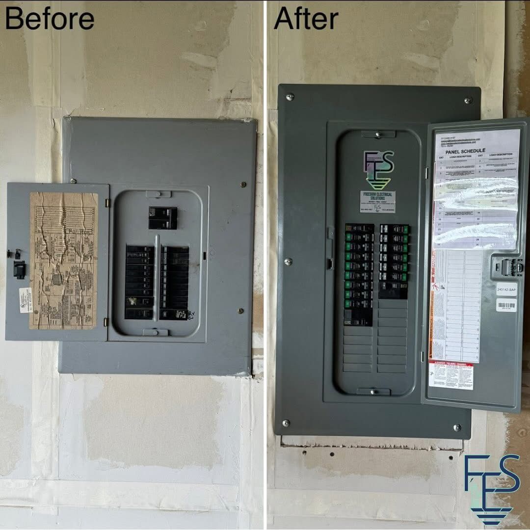 Before and after photos of an electrical panel upgrade. Grey metal panels on a wall.