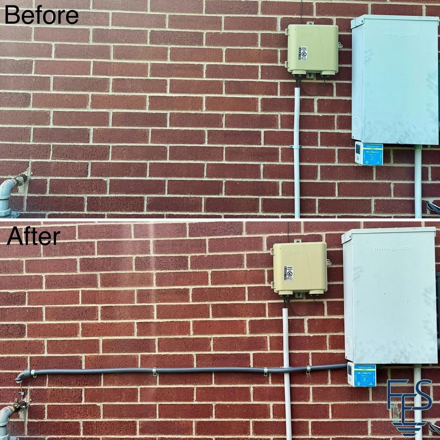 Comparison of brick wall with utility boxes; before (white conduit) and after (gray conduit) alterations.