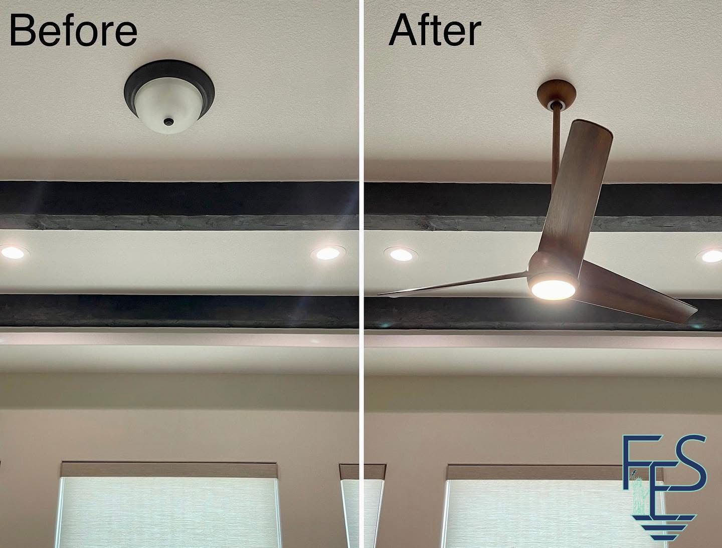 Ceiling: before & after, security camera replaced with ceiling fan. Brown blades, white ceiling.