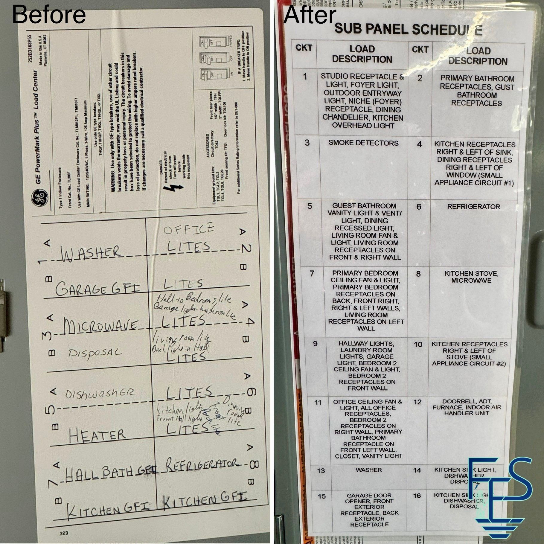 Side-by-side comparison of a faded and a newly printed electrical subpanel schedule.