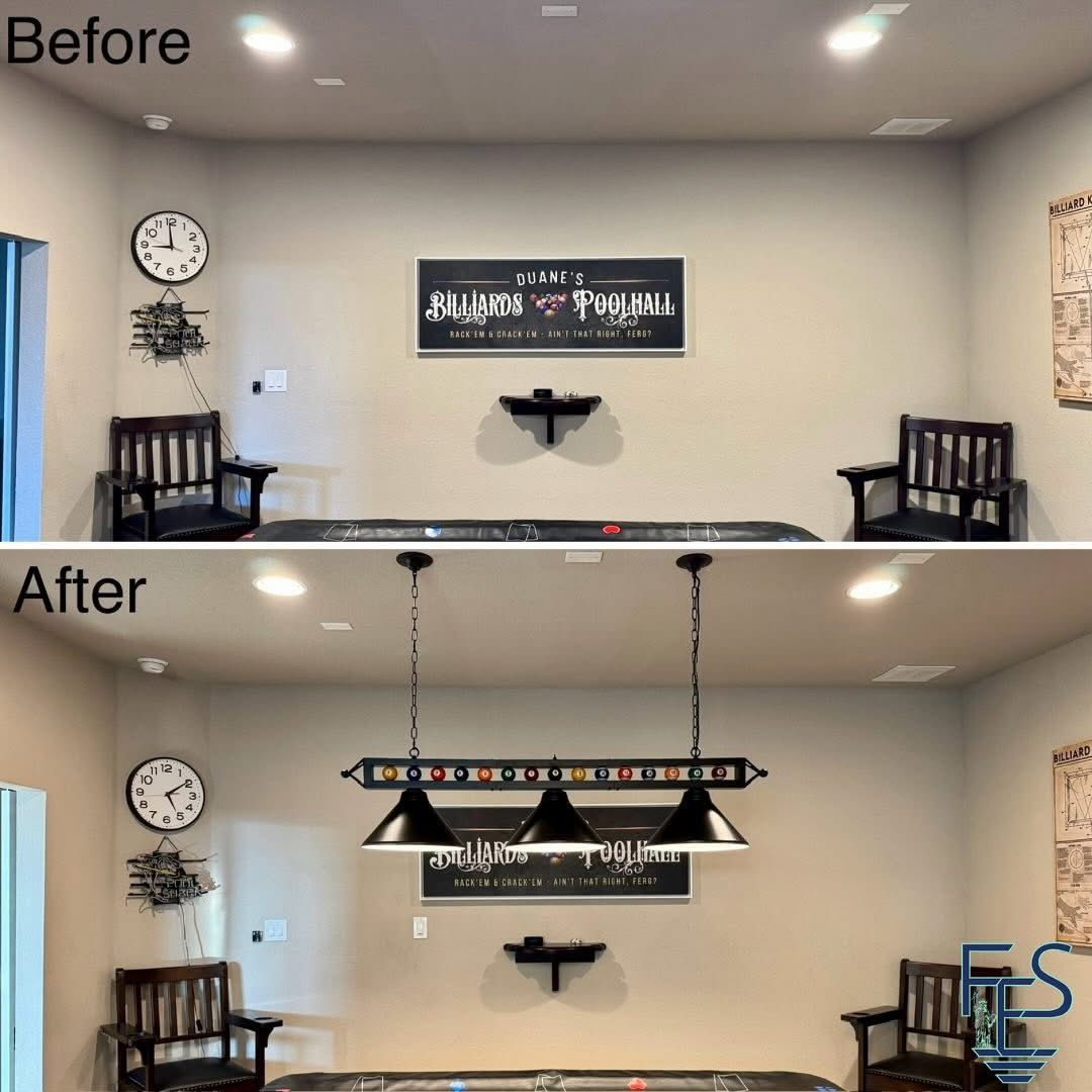 Before and after of a room with a pool table. The 