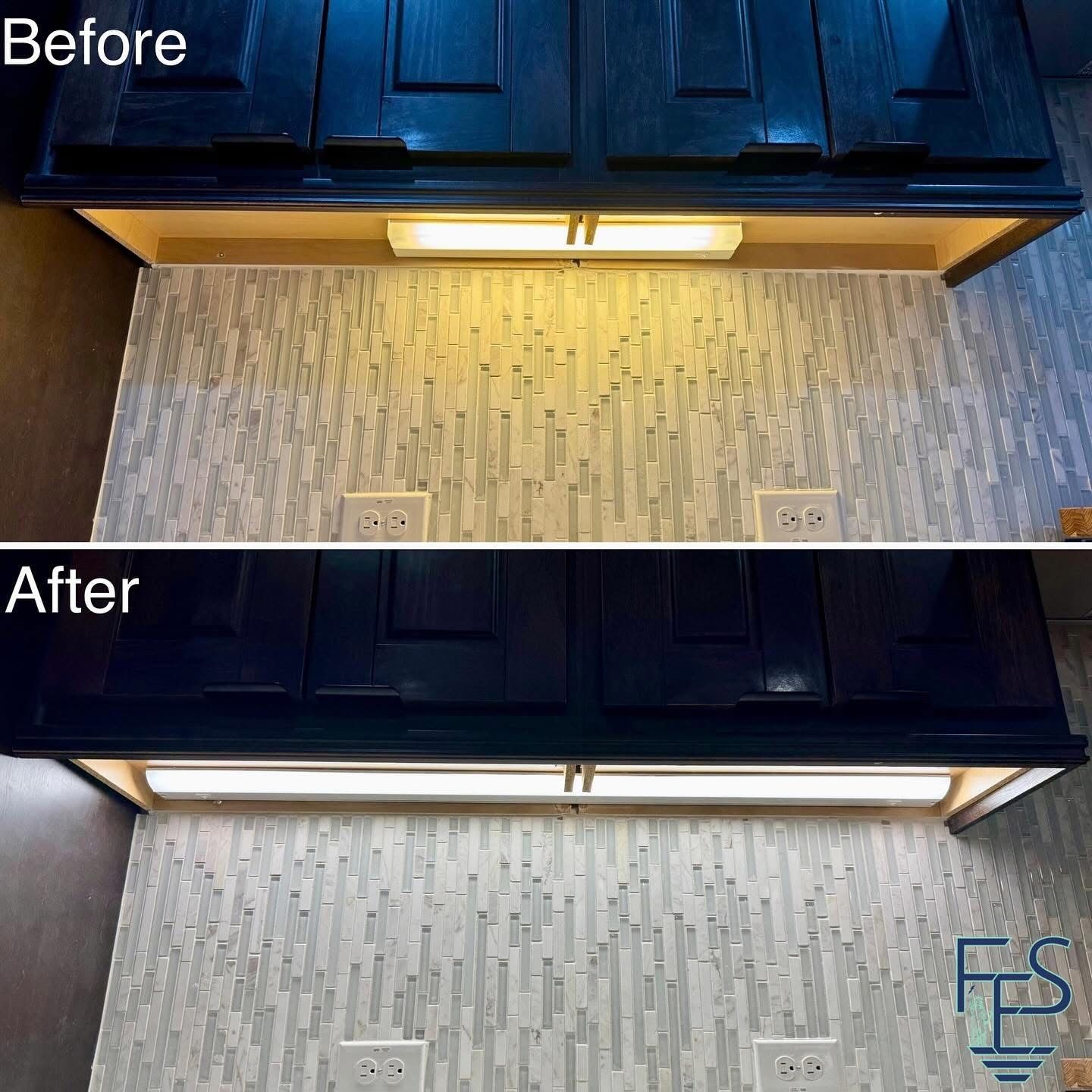 Kitchen cabinet lighting comparison: Before (warm light) and After (cool white light).