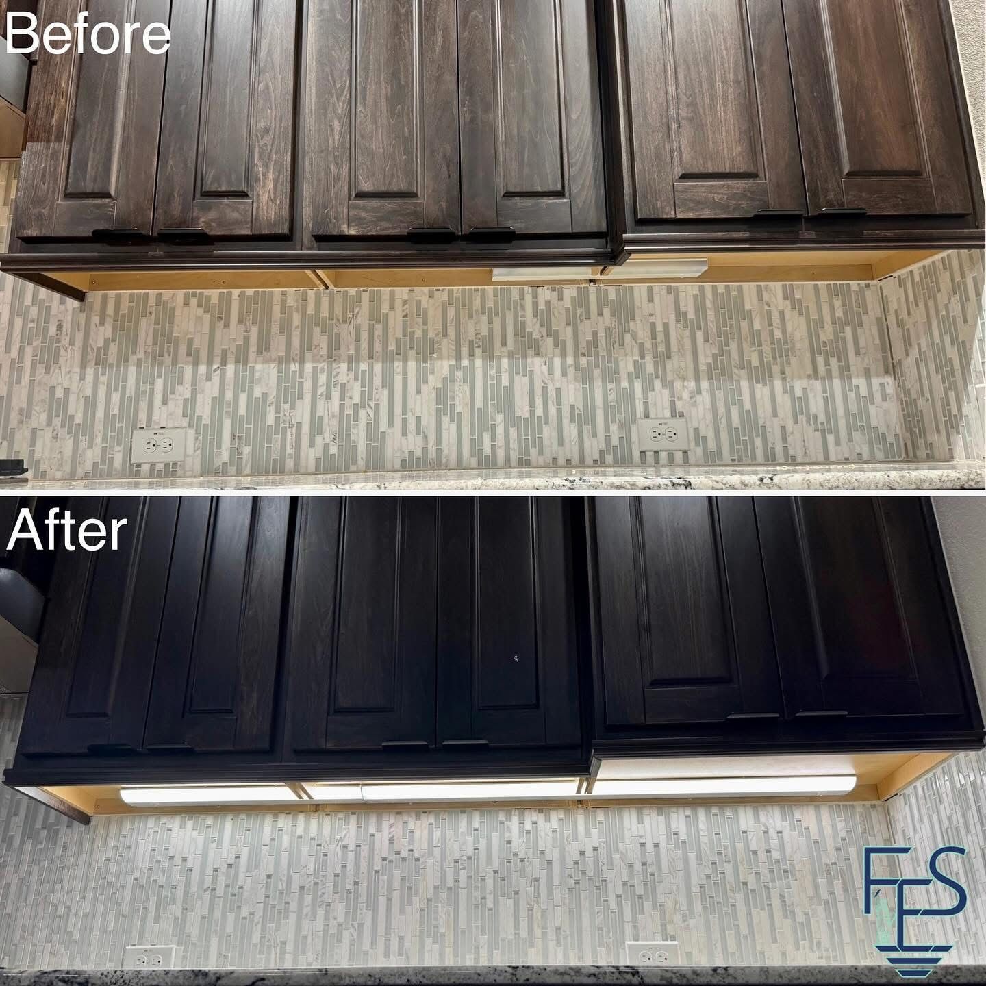 Comparison of kitchen cabinets before and after painting. Dark wood cabinets are painted black.