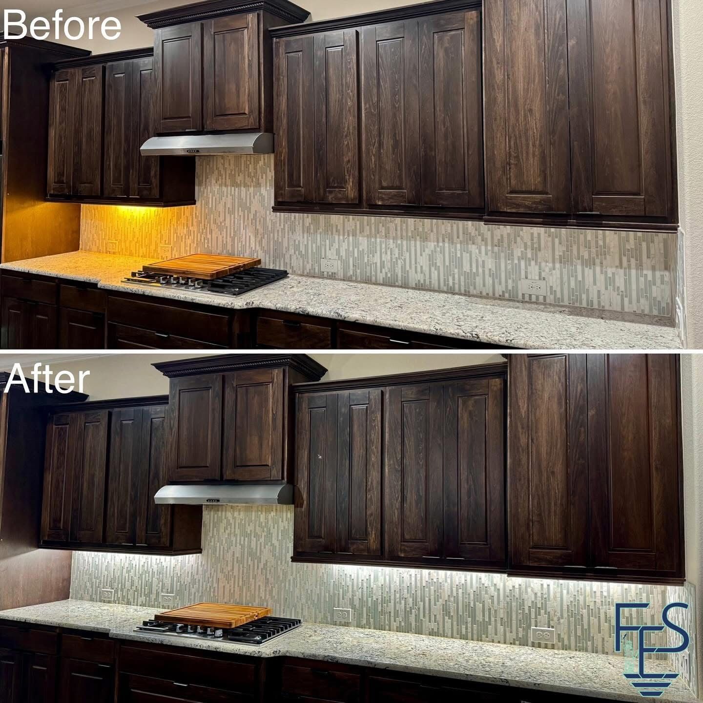 Comparison of kitchen cabinets before and after LED strip lighting installation.