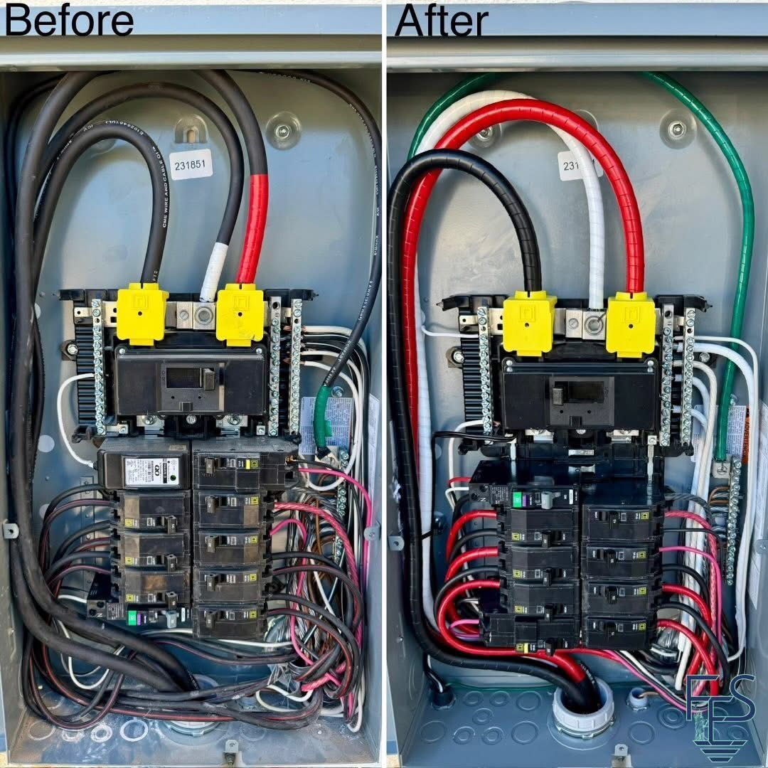 Electrical panel: Before and after rewiring.  Wires are black, red, white, and green. Breakers and panel are visible.