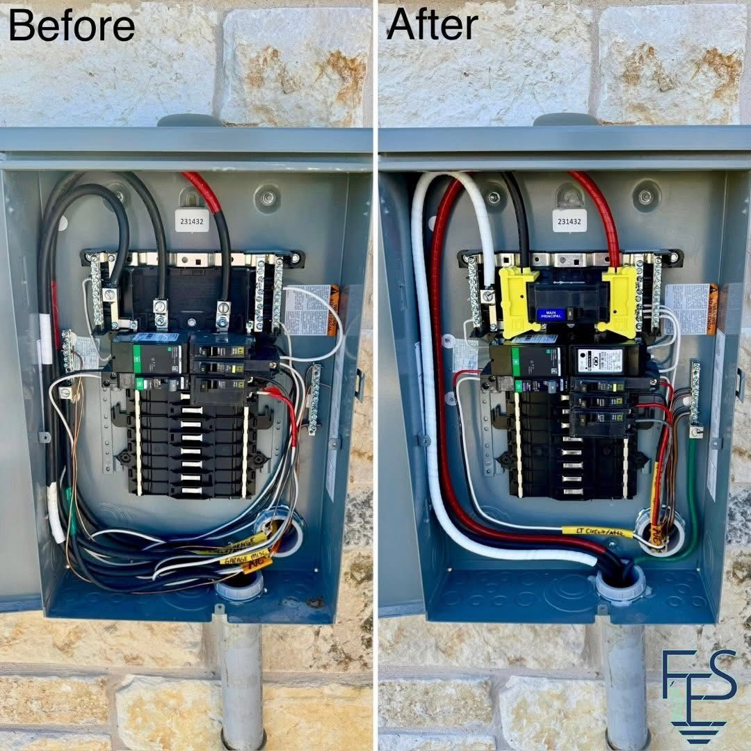 Electrical panel before and after, showing rewiring of colored cables.