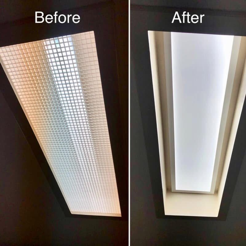 Before/after photos of a ceiling light fixture. Grid cover replaced with white, smooth cover, changing appearance and light distribution.